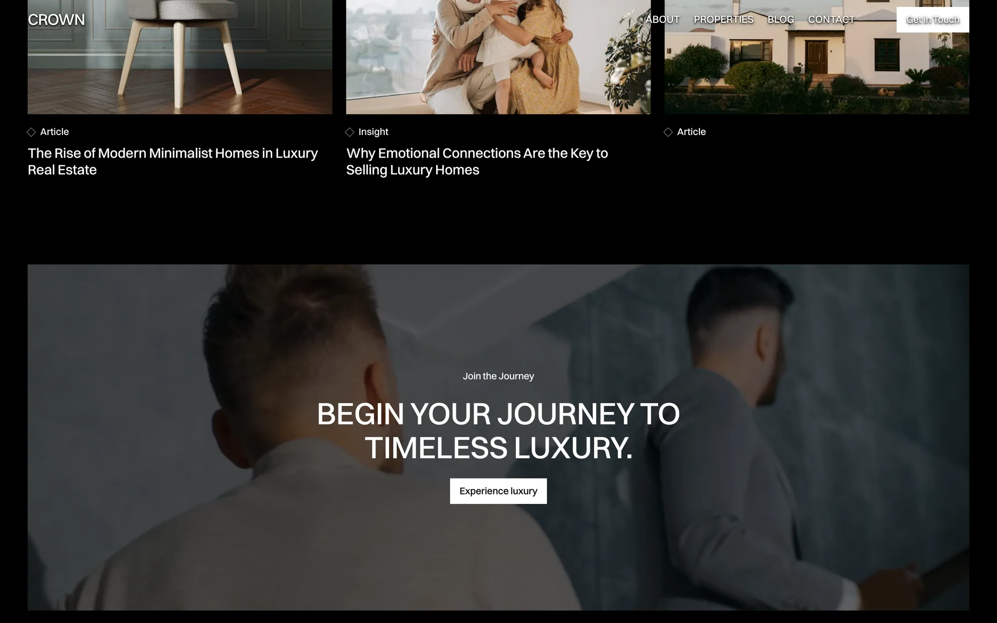 Desktop page section 06 of the CROWN template (real estate) showing headlines “LIVE WHERE LUXURY RESIDES” and “BEGIN YOUR JOURNEY TO TIMELESS LUXURY.”, 6 images, 1 video.