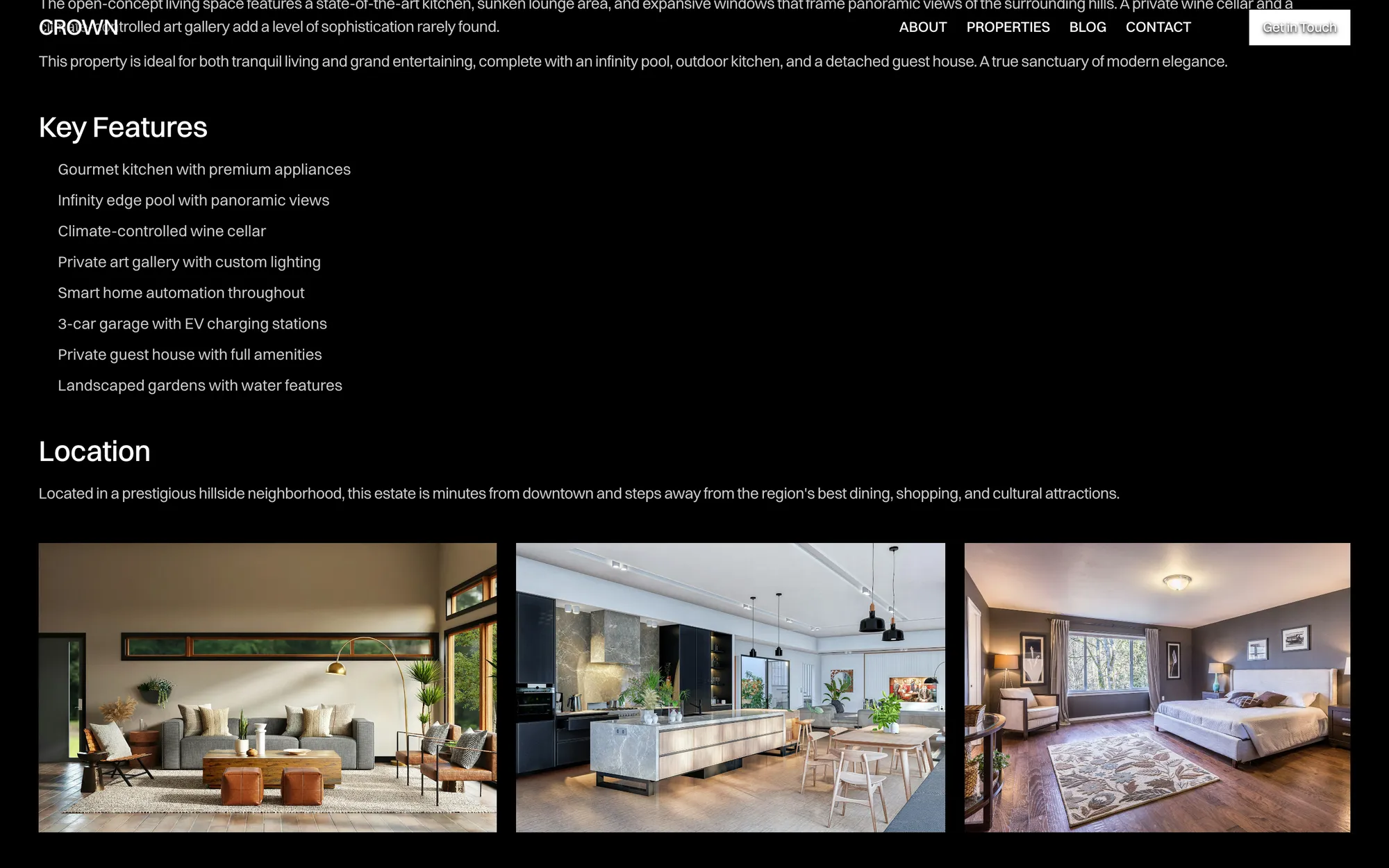 Desktop page section 07 of the CROWN template (real estate) showing headlines “Key Features” and “Location”, 3 images.