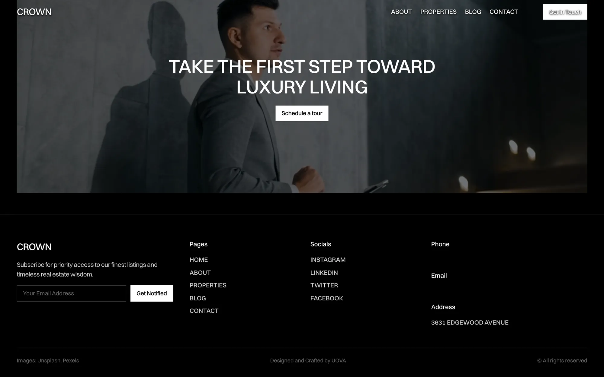 Desktop page section 08 of the CROWN template (real estate) showing headline “TAKE THE FIRST STEP TOWARD LUXURY LIVING”, 1 video.