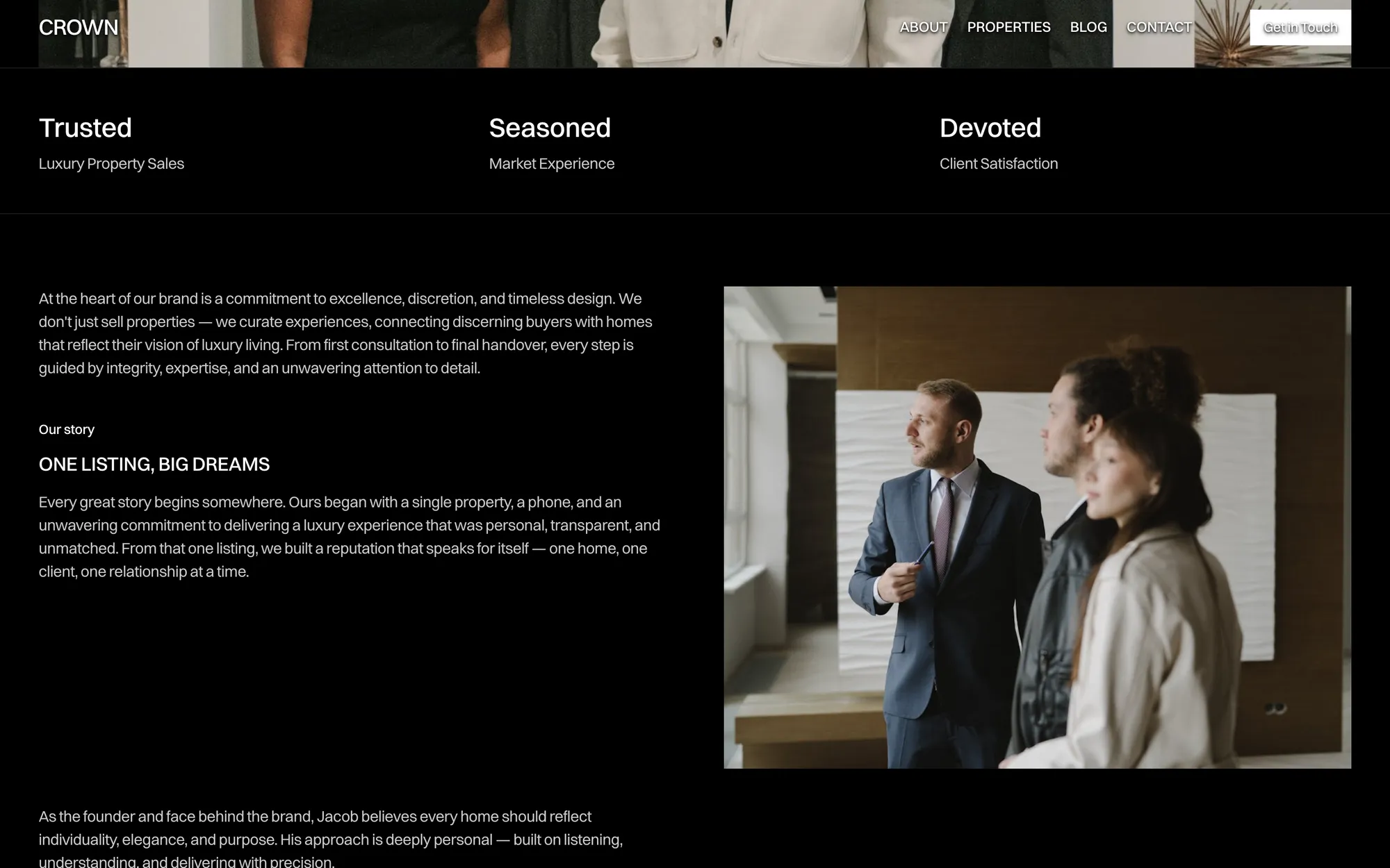 Desktop page section 10 of the CROWN template (real estate) showing headline “ONE LISTING, BIG DREAMS”, 4 images.