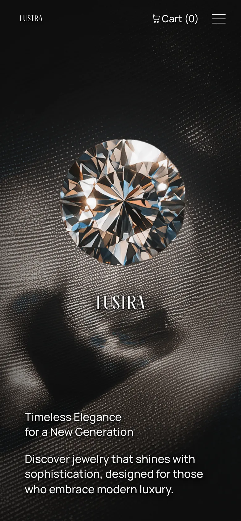 Phone-width page screen 01 of the LUSTRA template (jewellery) showing headline “LUSTRA”.
