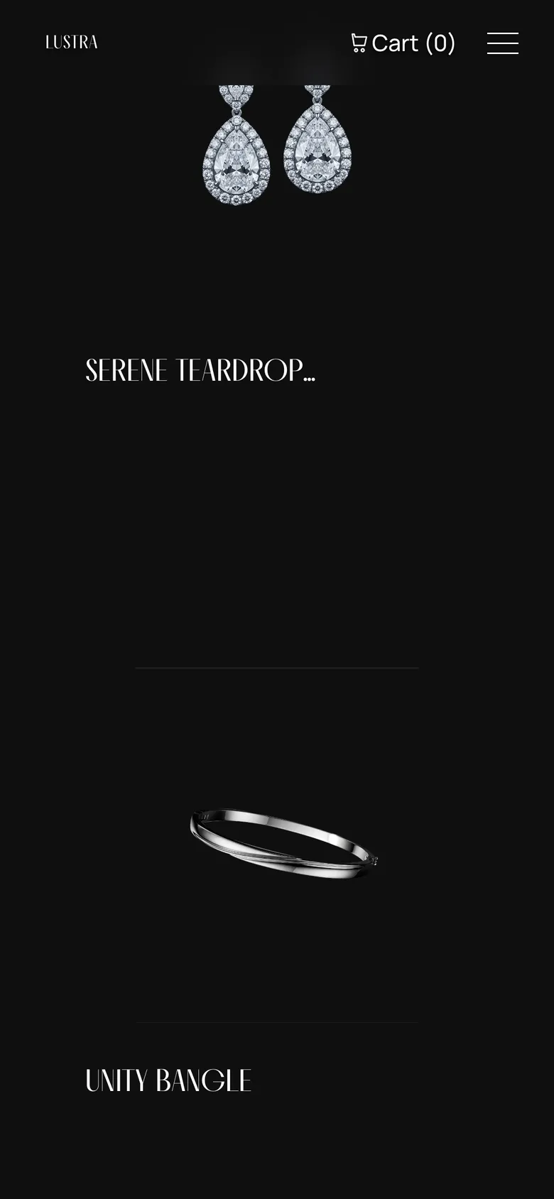 Phone-width page screen 04 of the LUSTRA template (jewellery) showing headlines “SERENE TEARDROP EARRINGS” and “UNITY BANGLE”.