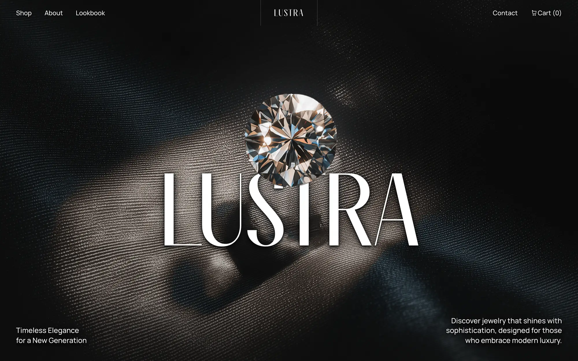 Desktop page section 01 of the LUSTRA template (jewellery) showing headline “LUSTRA”.