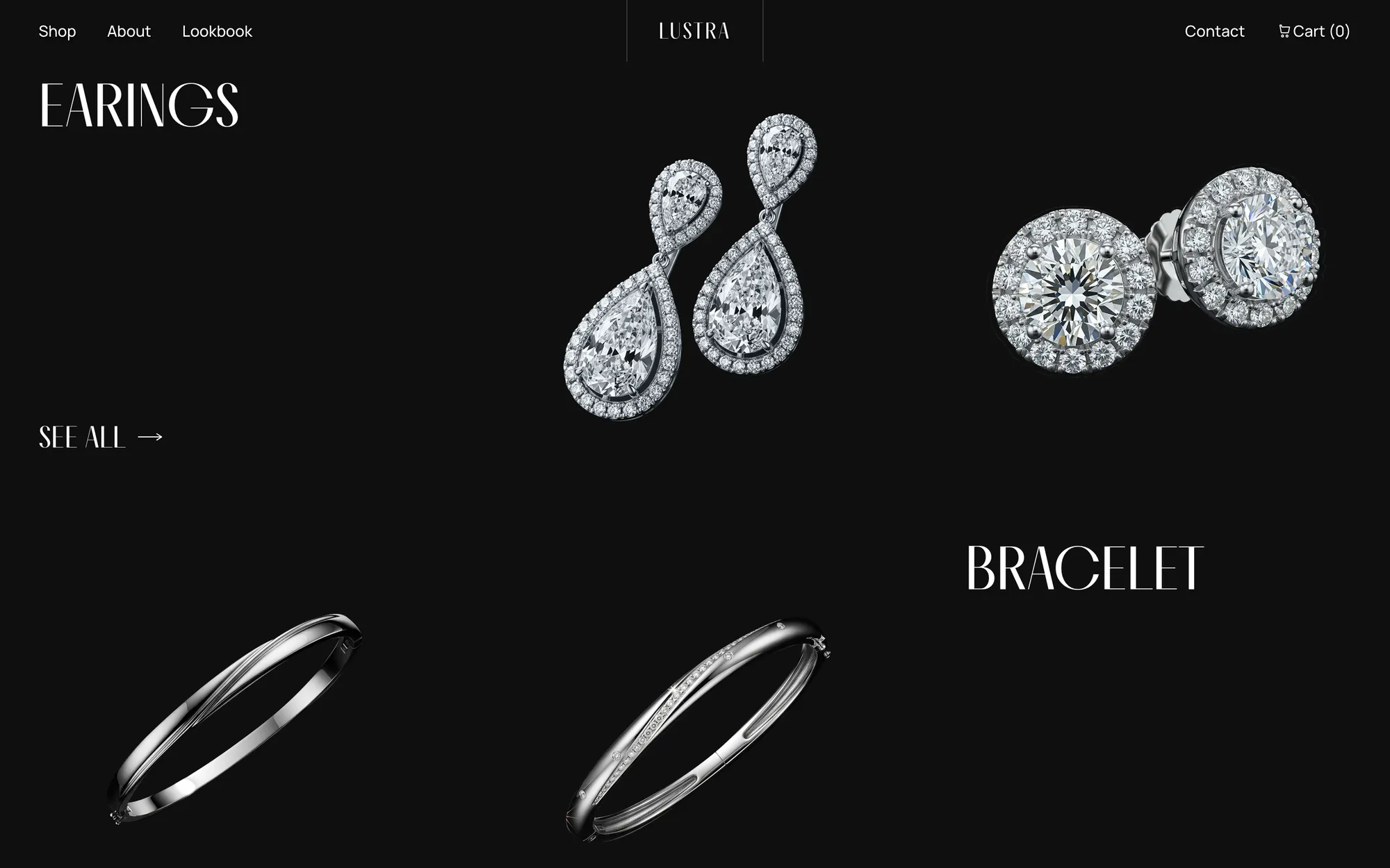 Desktop page section 03 of the LUSTRA template (jewellery) showing headlines “EARINGS” and “BRACELET”.
