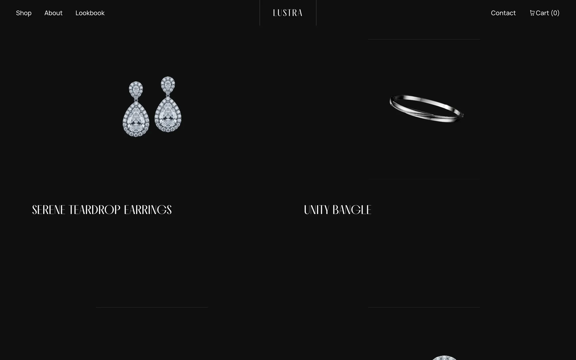 Desktop page section 05 of the LUSTRA template (jewellery) showing headlines “SERENE TEARDROP EARRINGS” and “UNITY BANGLE”.