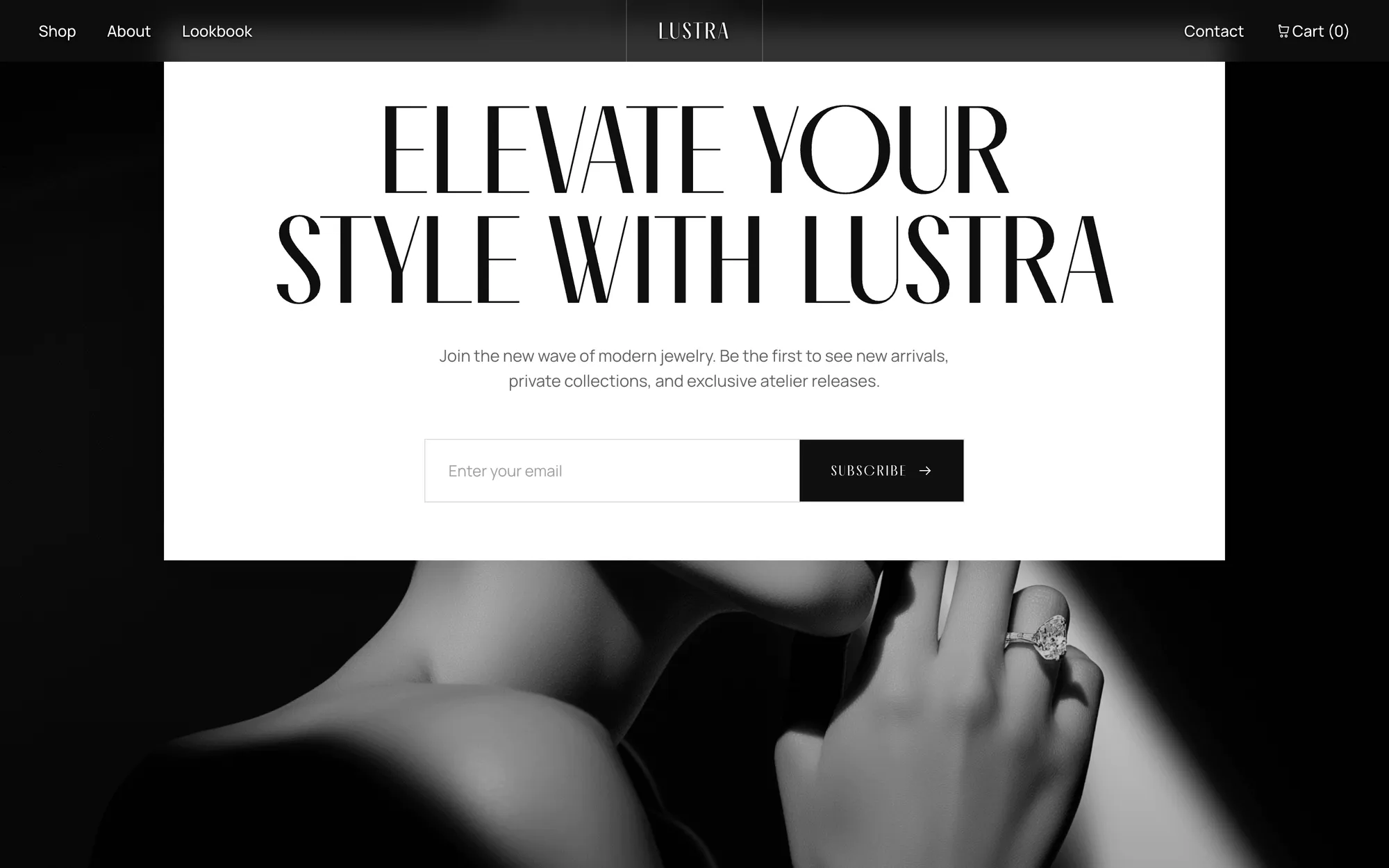 Desktop page section 06 of the LUSTRA template (jewellery) showing headline “ELEVATE YOUR STYLE WITH LUSTRA”.