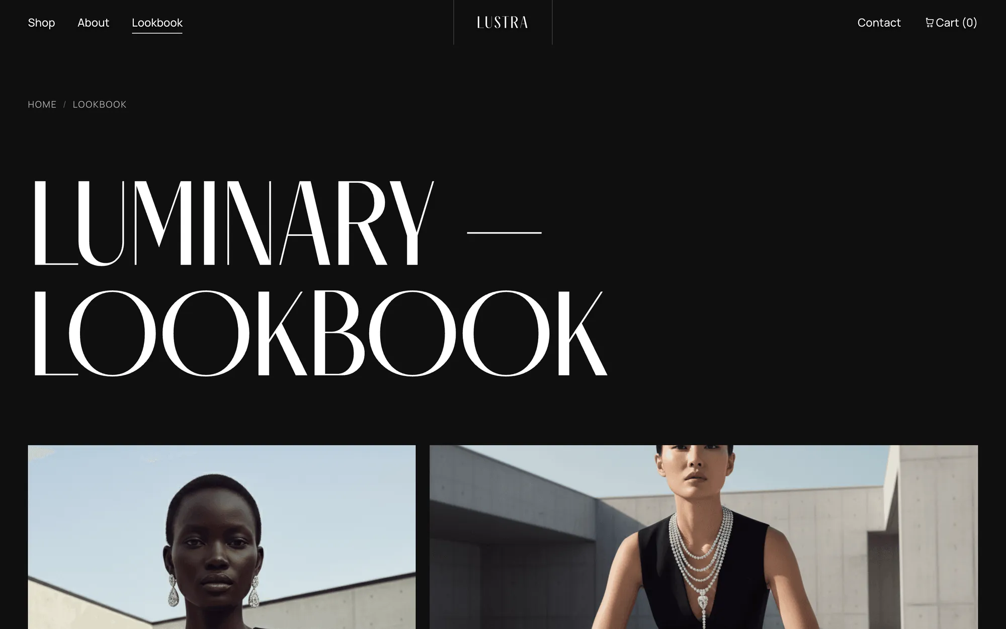 Desktop page section 07 of the LUSTRA template (jewellery) showing headline “LUMINARY — LOOKBOOK”.