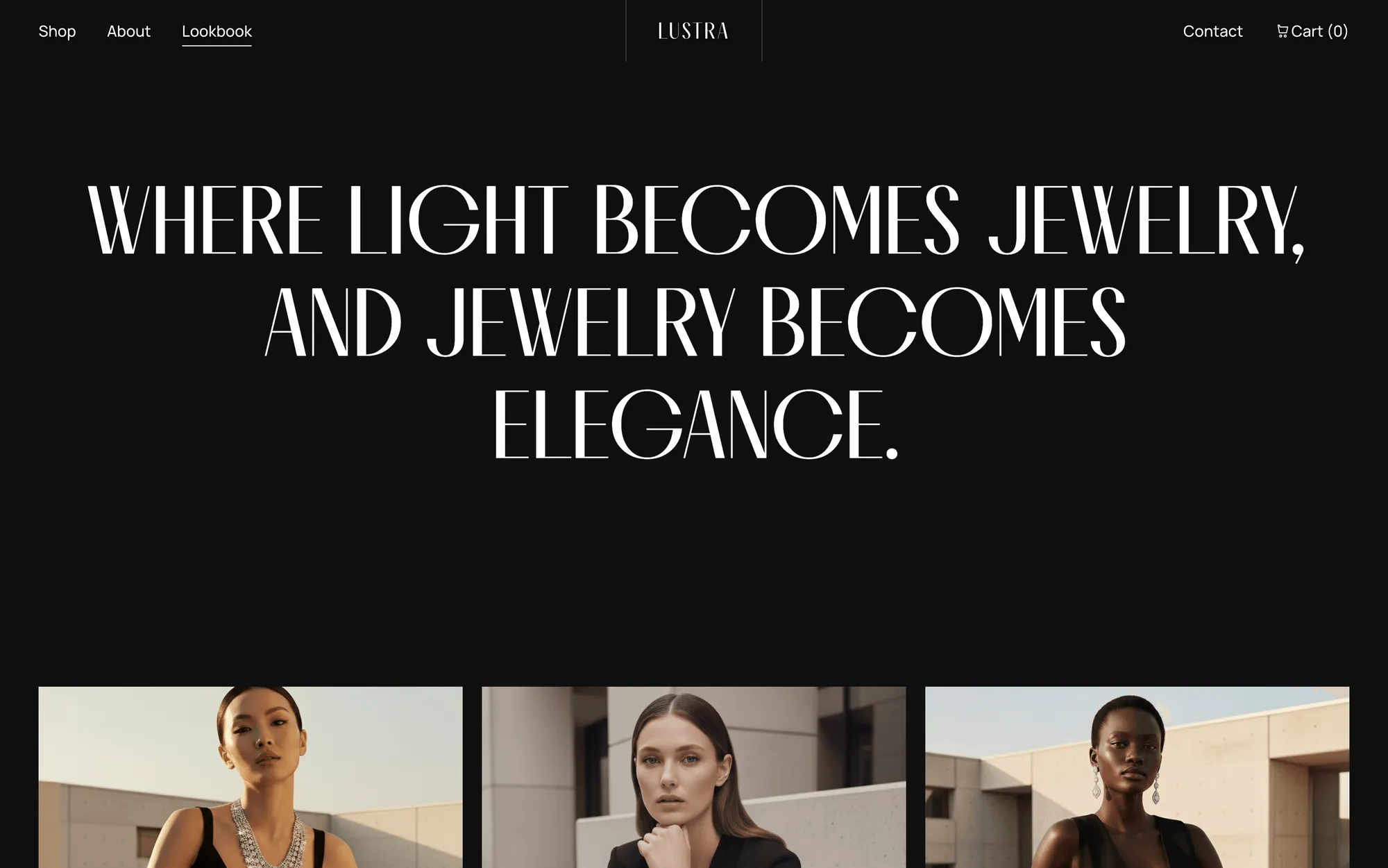 Desktop page section 08 of the LUSTRA template (jewellery) showing headline “WHERE LIGHT BECOMES JEWELRY, AND JEWELRY BECOMES ELEGANCE.”.