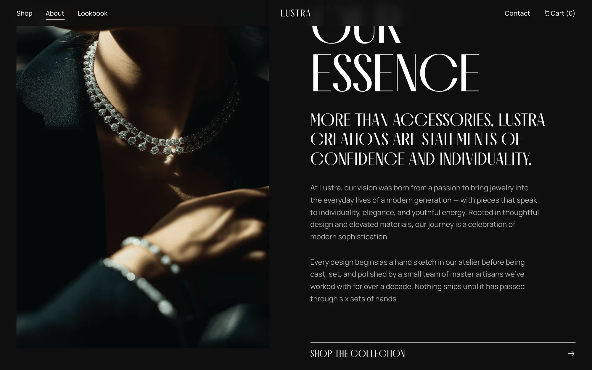 Desktop page section 09 of the LUSTRA template (jewellery) showing headlines “OUR ESSENCE” and “MORE THAN ACCESSORIES, LUSTRA CREATIONS ARE STATEMENTS OF CONFIDENCE AND INDIVIDUALITY.”.