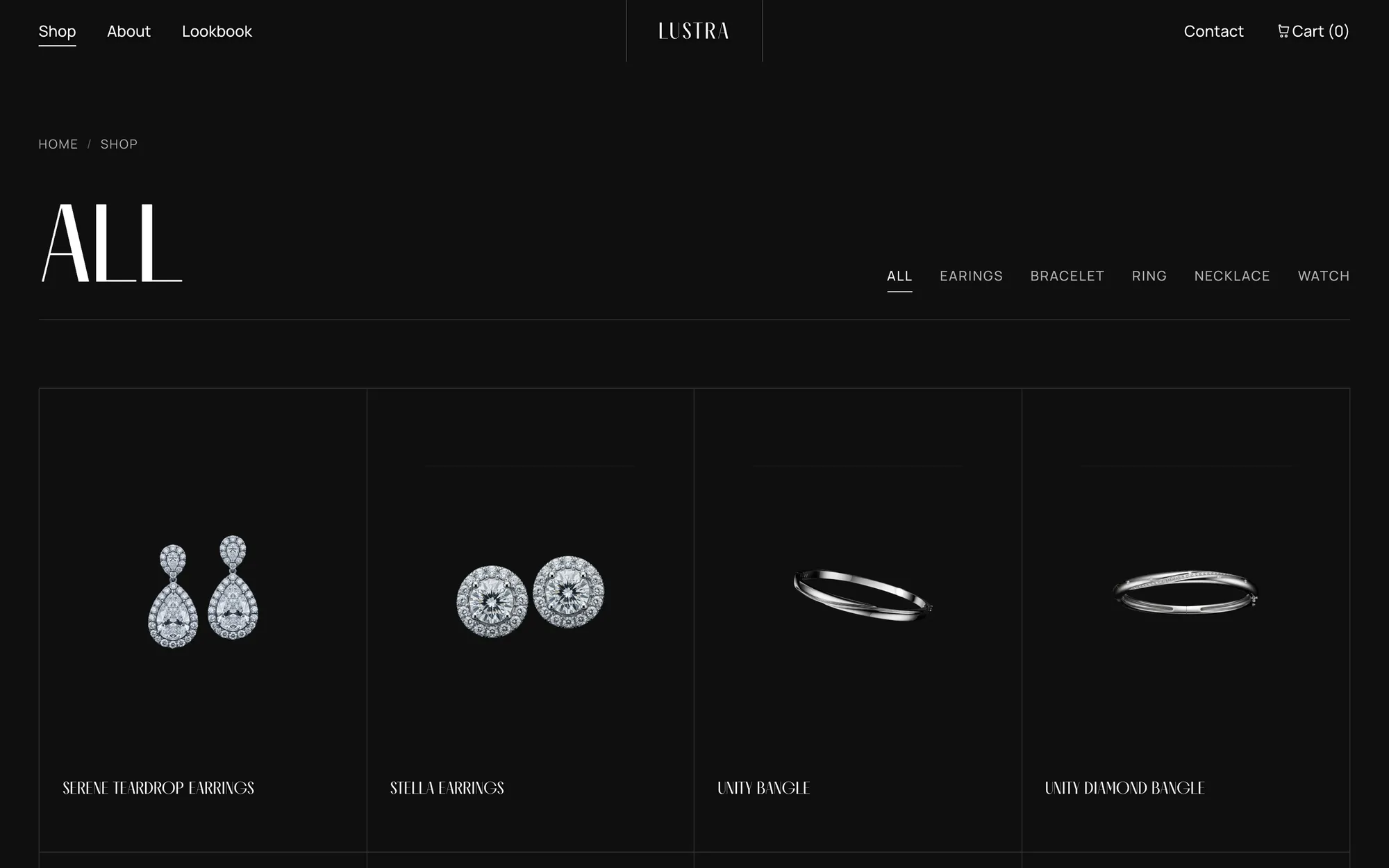 Desktop page section 10 of the LUSTRA template (jewellery) showing headlines “ALL” and “SERENE TEARDROP EARRINGS”.
