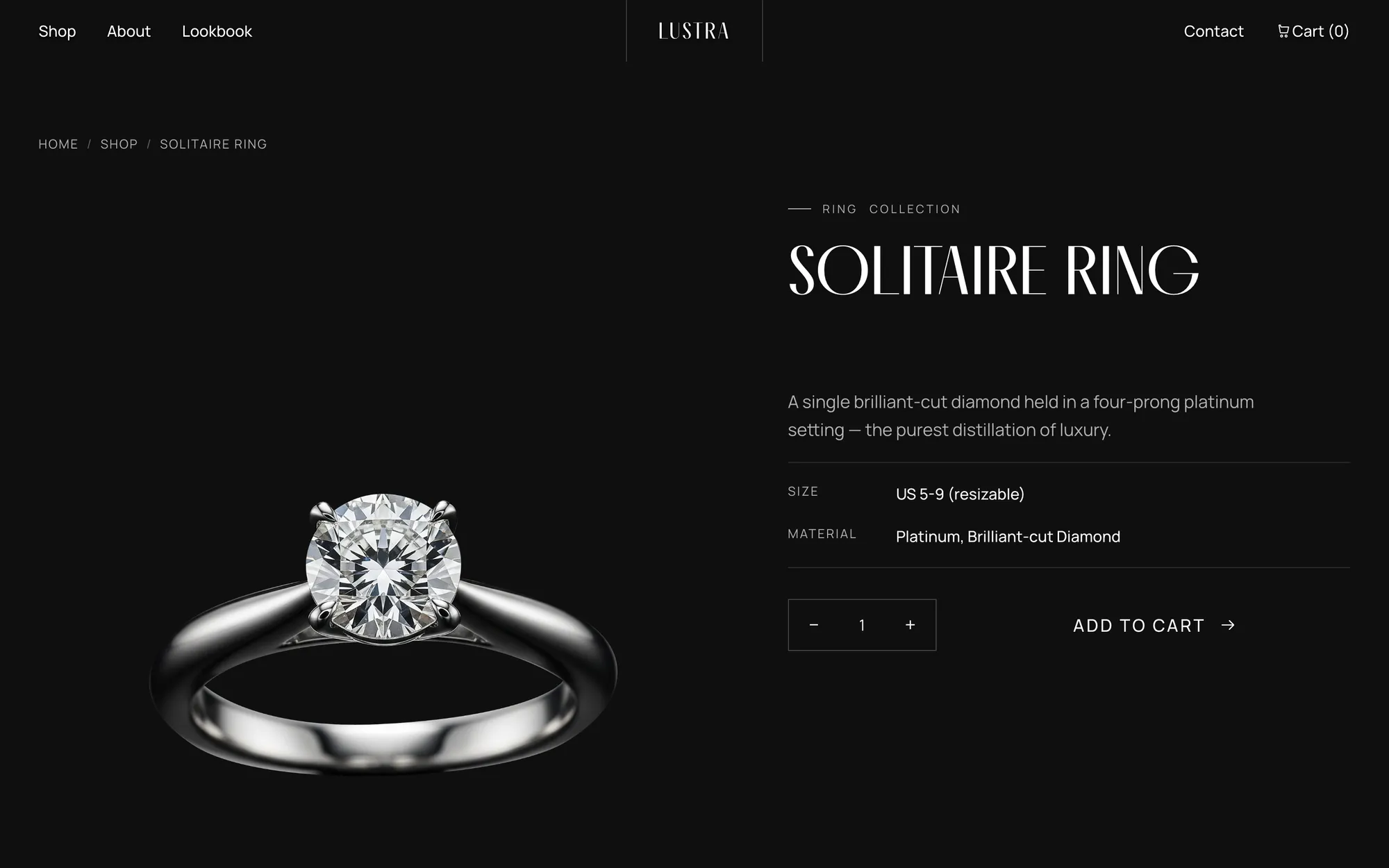 Desktop page section 12 of the LUSTRA template (jewellery) showing headline “SOLITAIRE RING”.