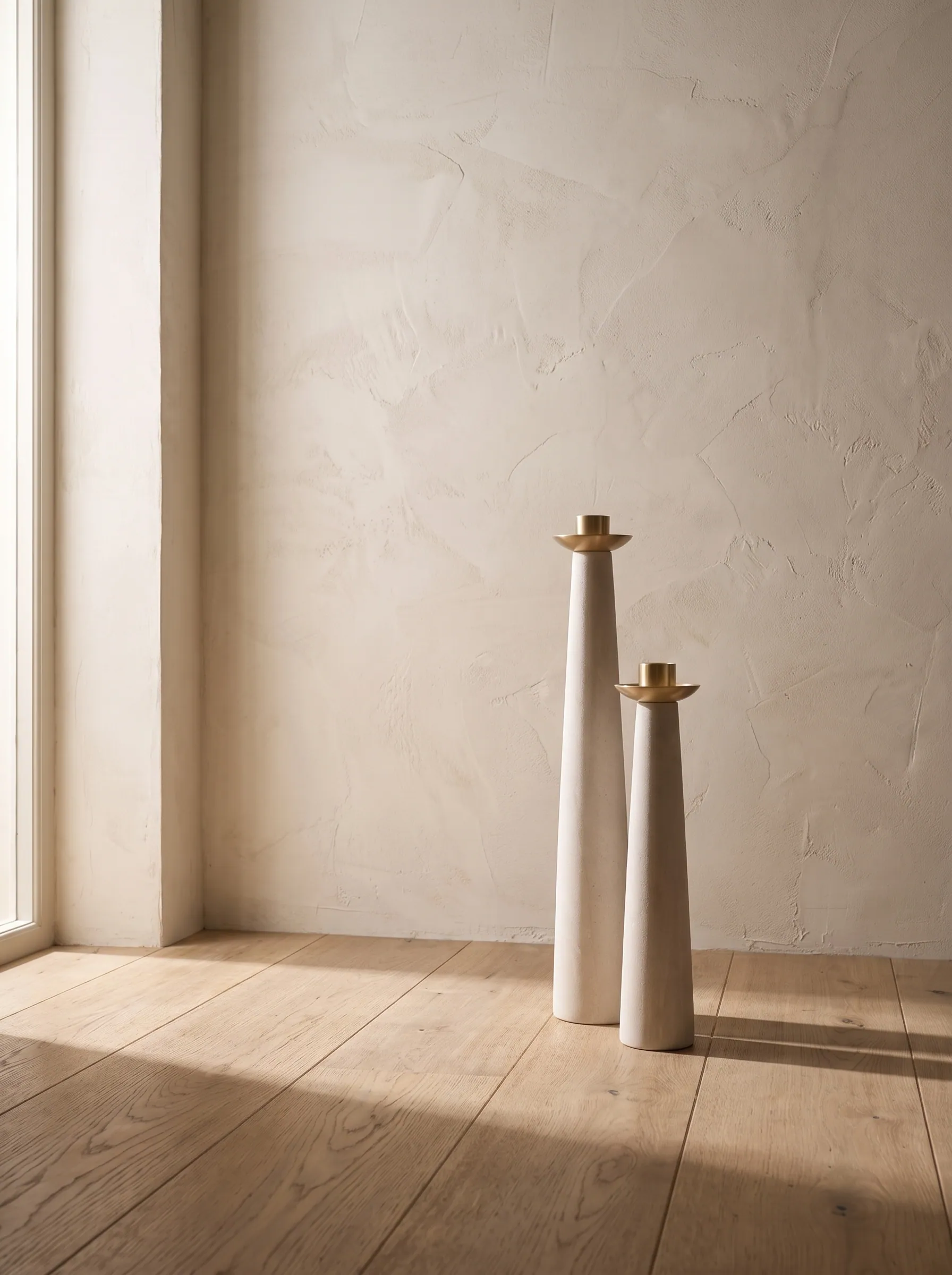 Two pale candle holders with brass cups against a plaster wall beside a window