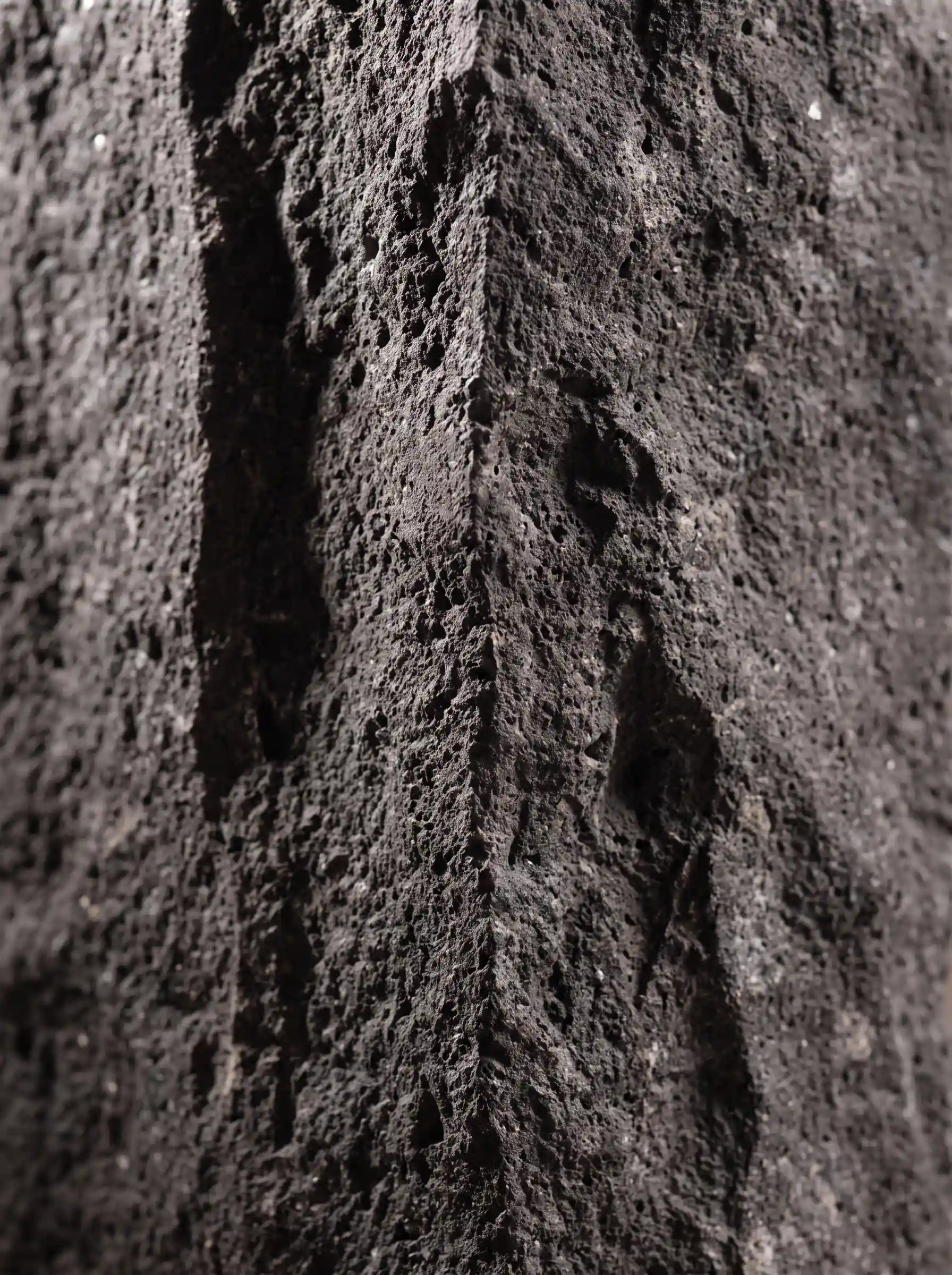 Macro of dark volcanic stone, pitted surface