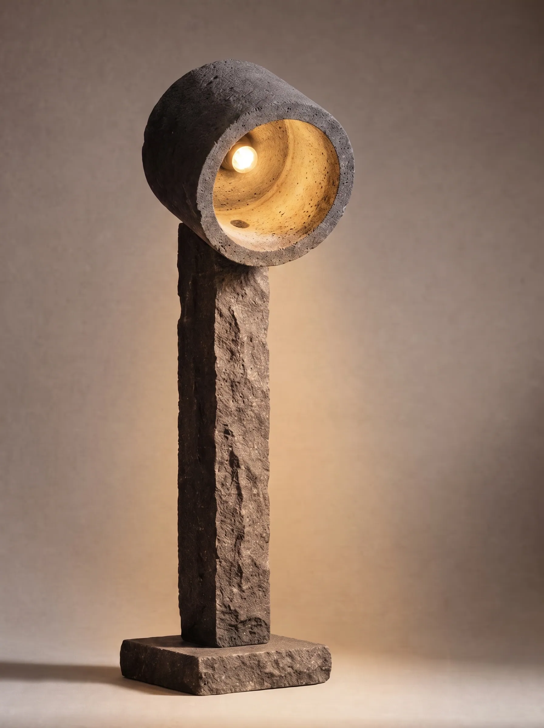 A tall basalt lamp column glowing with warm light at its top
