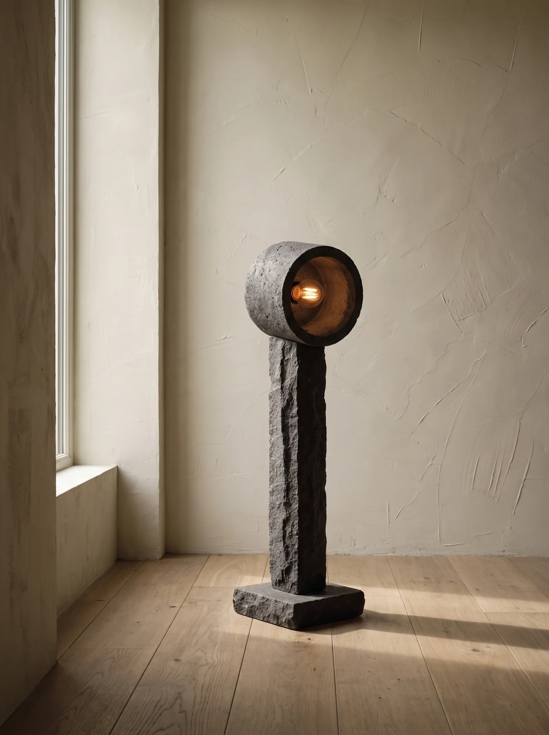 A basalt lamp sculpture with a round head beside a window in a plaster room