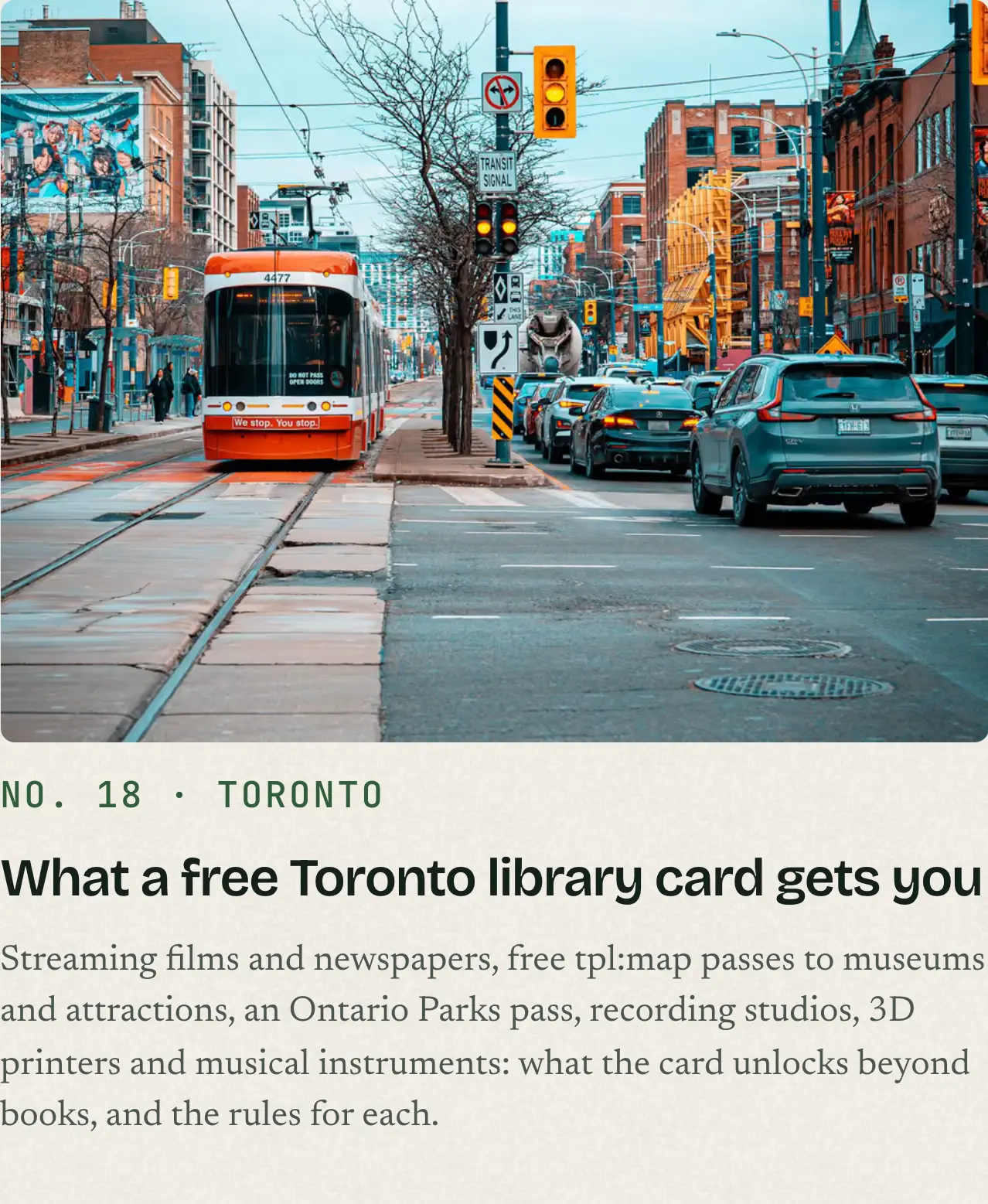 Close detail of the Saliem Talash notes site (website): card “NO. 18 · TORONTO What a free Toronto library card gets you S”.