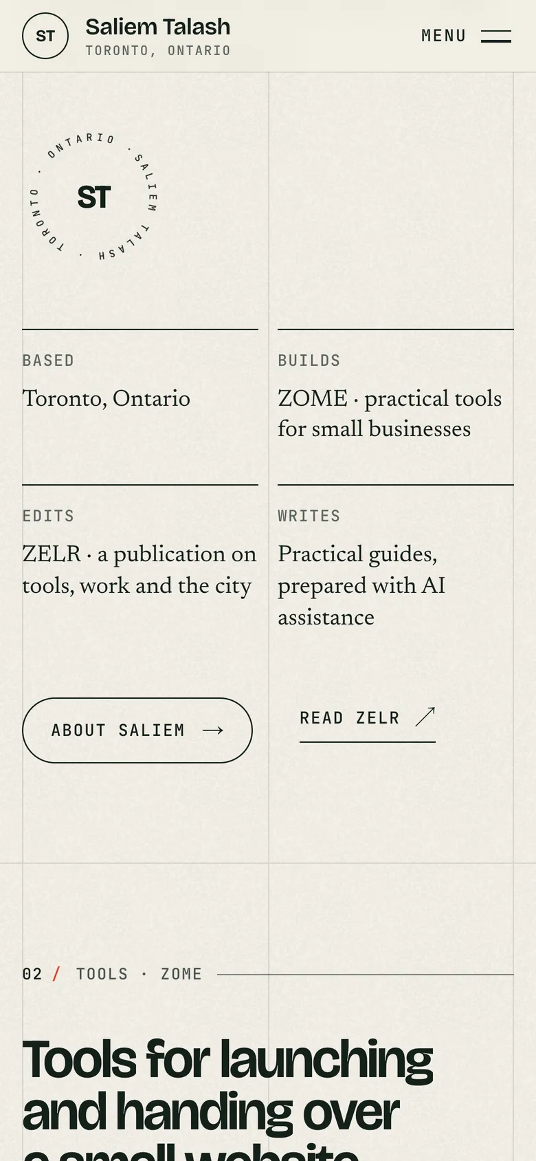 Phone-width page screen 01 of the Saliem Talash notes site (website) showing headline “Tools for launching and handing over a small website.”.