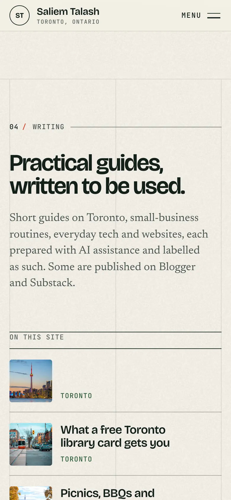 Phone-width page screen 03 of the Saliem Talash notes site (website) showing headline “Practical guides, written to be used.”.