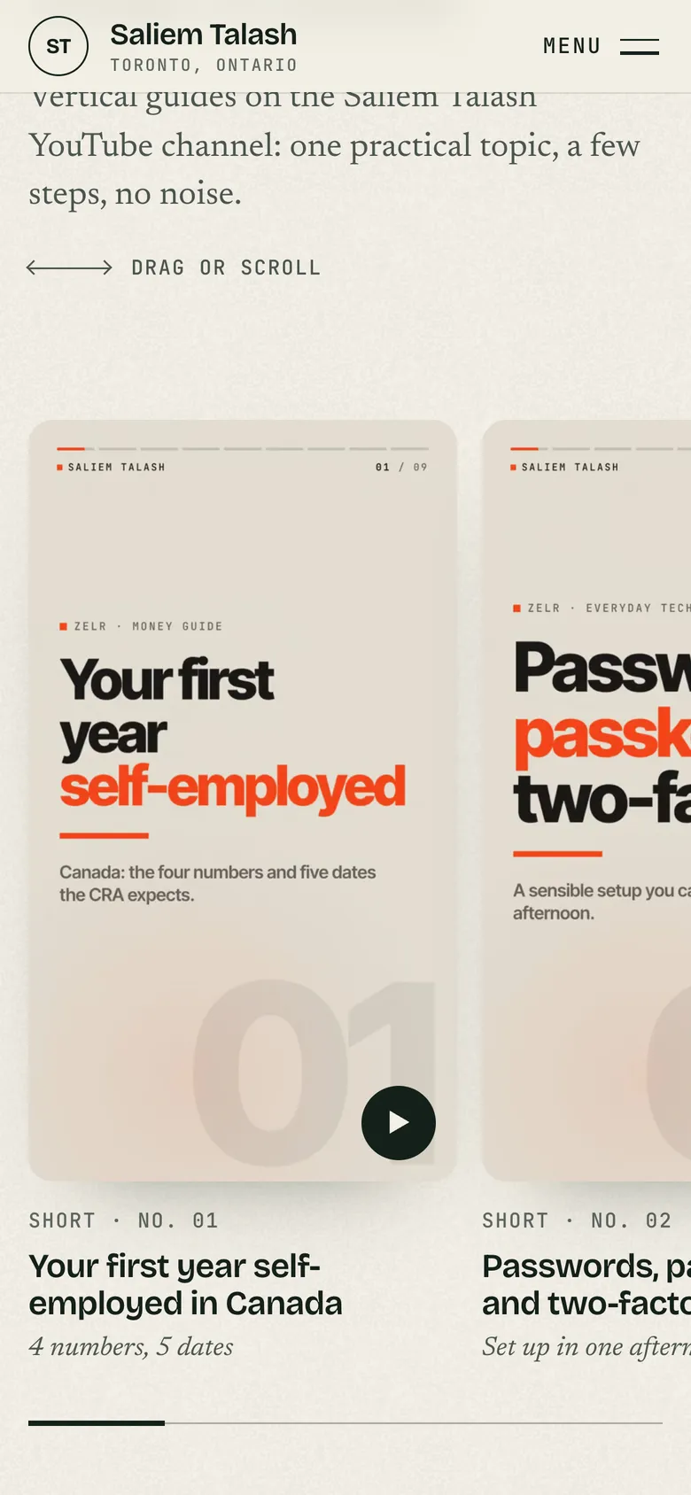 Phone-width page screen 04 of the Saliem Talash notes site (website) showing headlines “Your first year self-employed in Canada” and “Passwords, passkeys and two-factor”, 2 images, 2 videos.