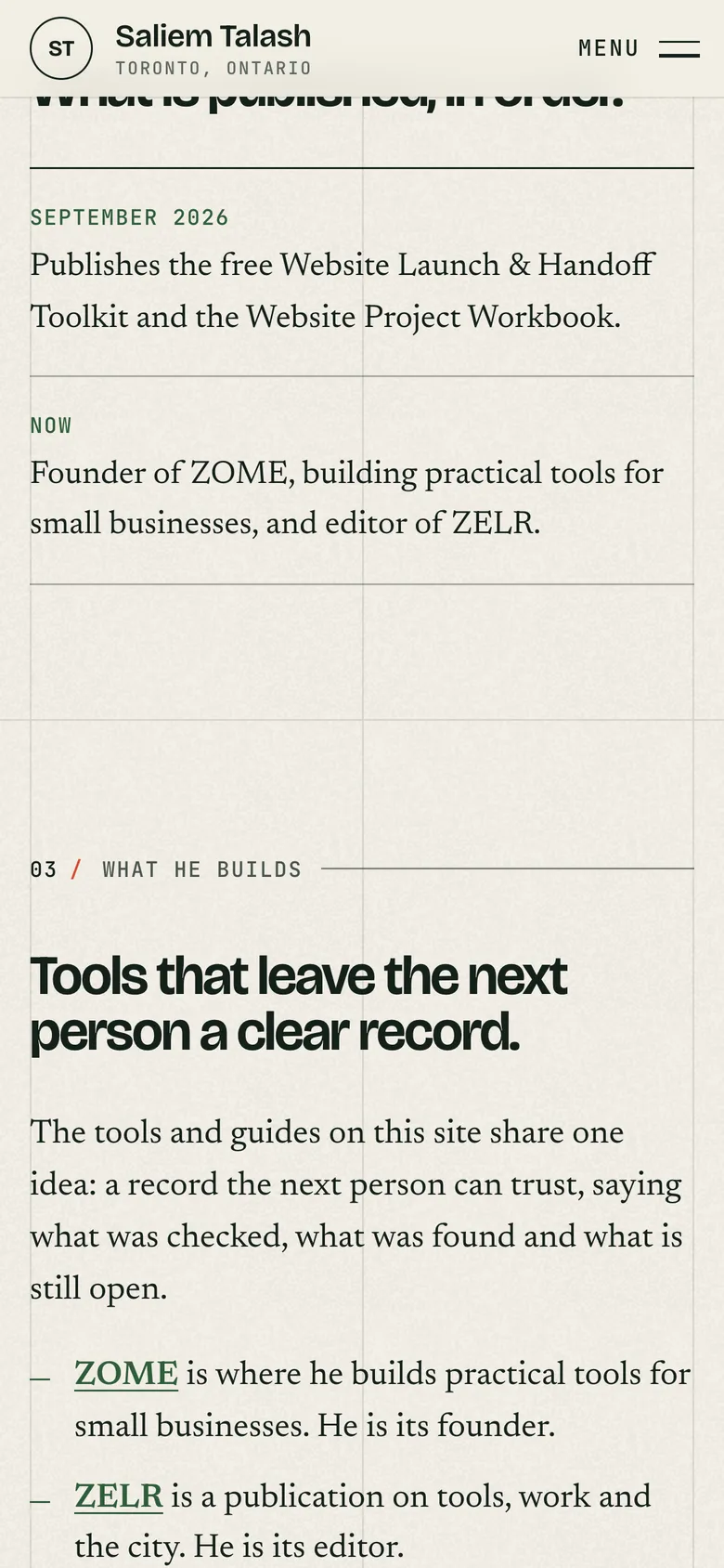 Phone-width page screen 06 of the Saliem Talash notes site (website) showing headlines “What is published, in order.” and “Tools that leave the next person a clear record.”.