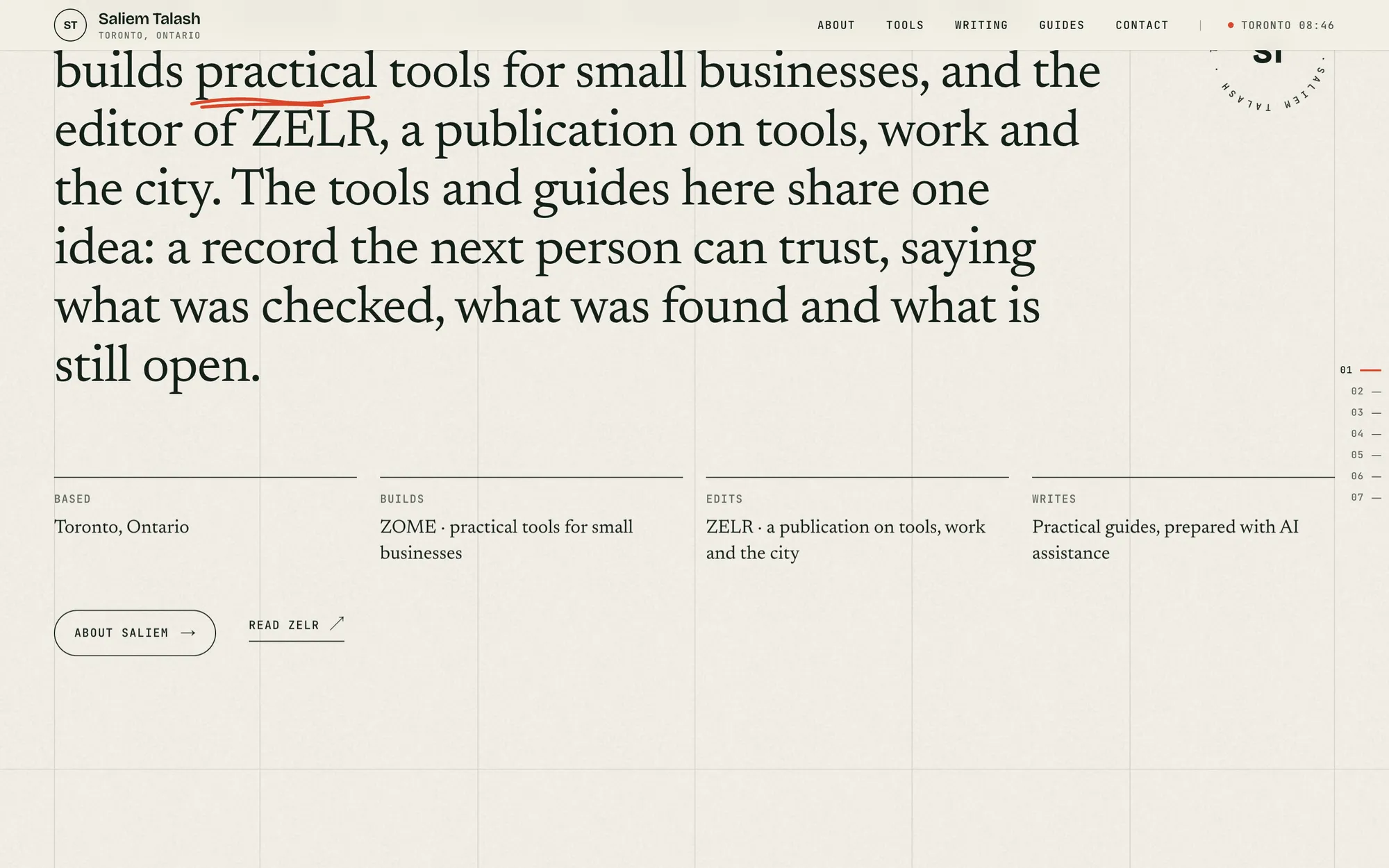 Desktop page section 01 of the Saliem Talash notes site (website).