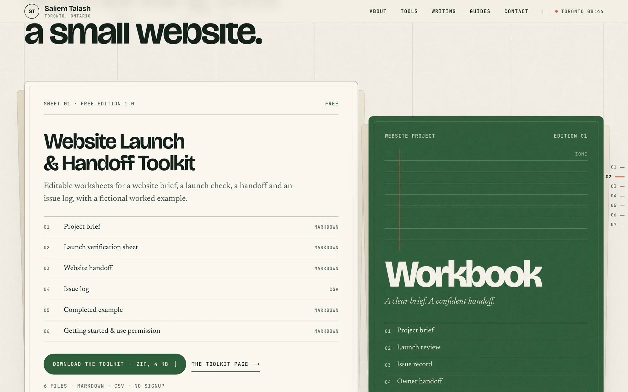 Desktop page section 02 of the Saliem Talash notes site (website) showing headline “Website Launch & Handoff Toolkit”.