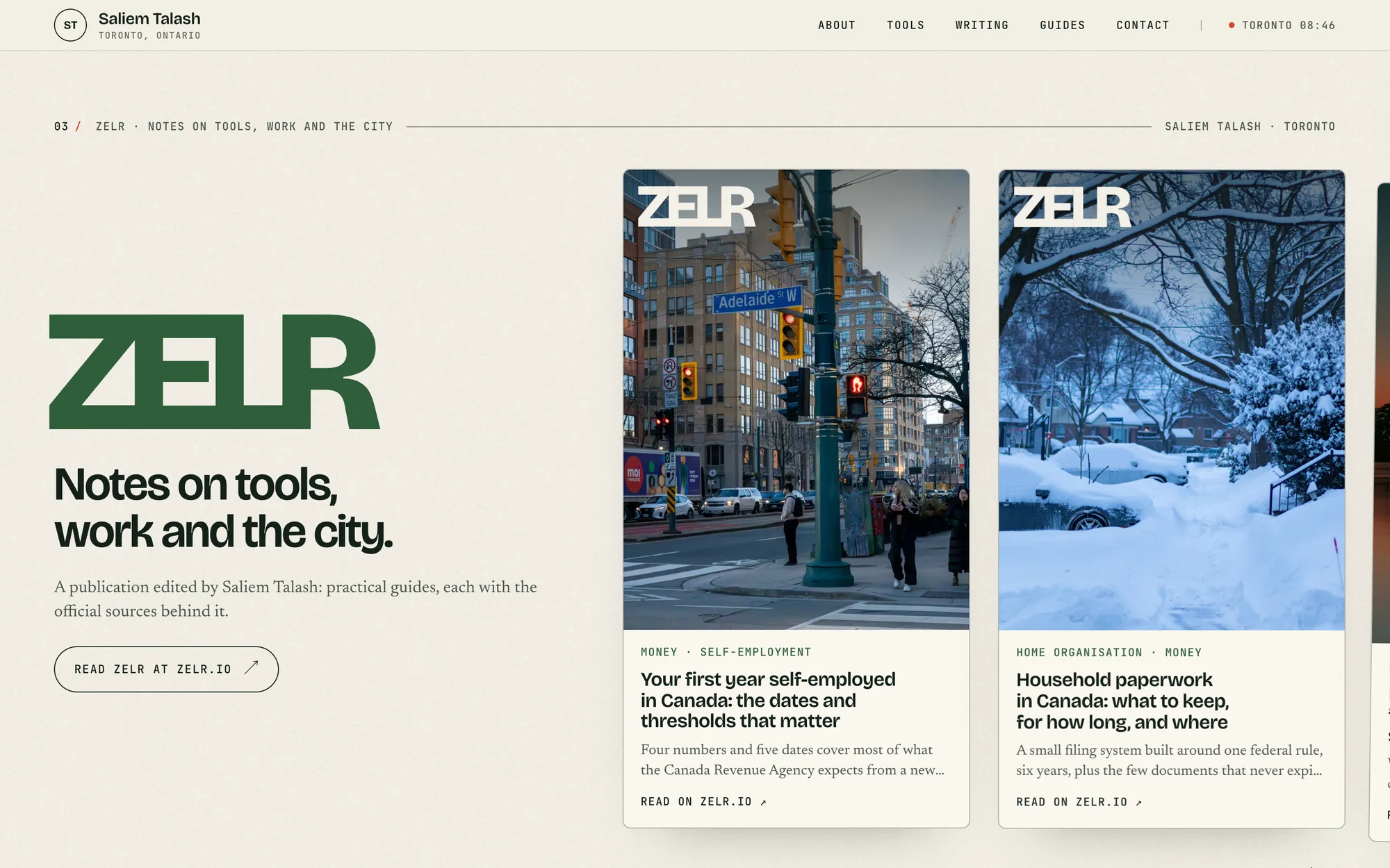 Desktop page section 04 of the Saliem Talash notes site (website) showing headlines “ZELR: Notes on tools, work and the city.” and “Your first year self-employed in Canada: the dates and thresholds that matter”, 3 images.