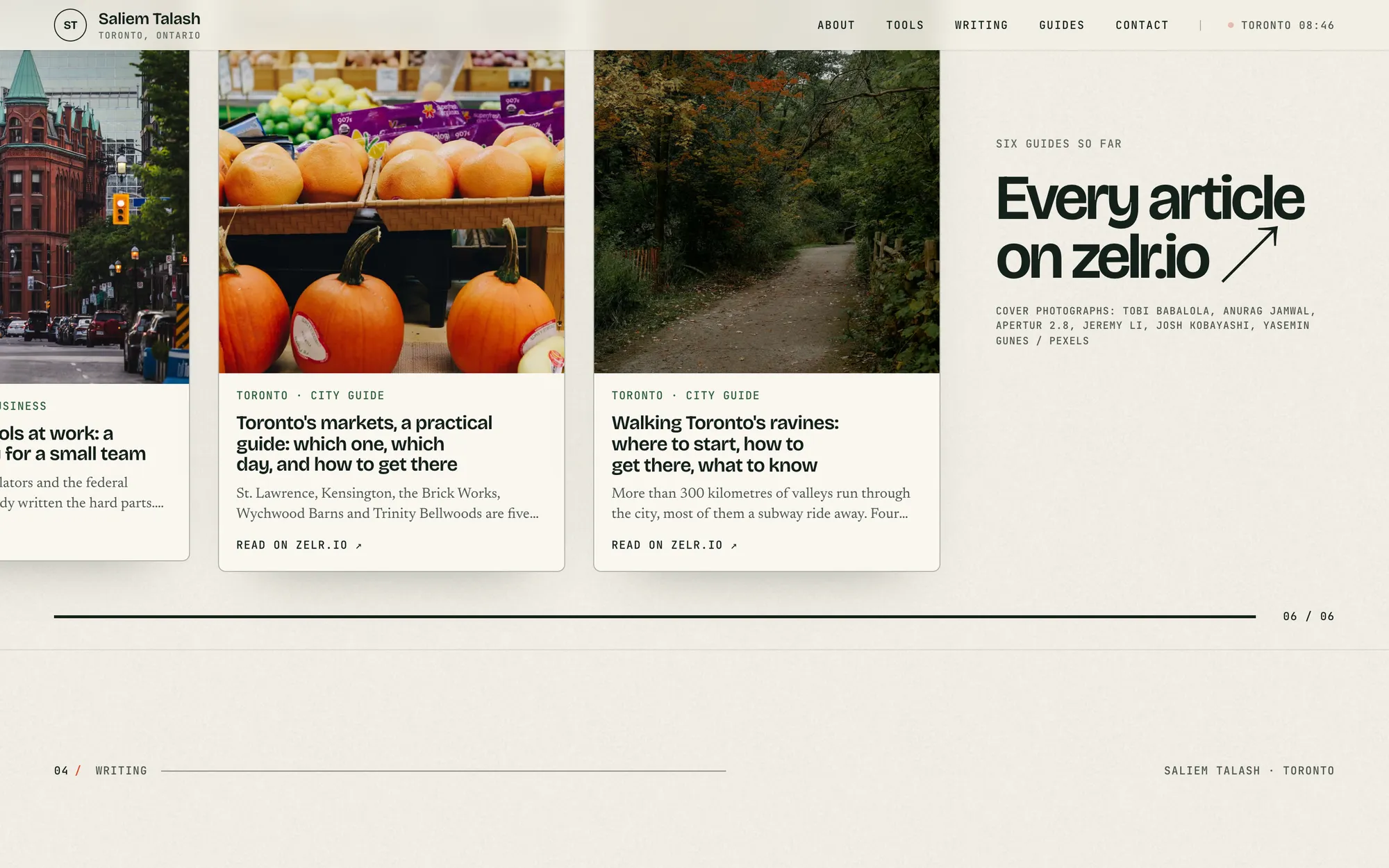 Desktop page section 06 of the Saliem Talash notes site (website) showing headlines “Using AI chat tools at work: a one-page policy for a small team” and “Toronto's markets, a practical guide: which one, which day, and how to get there”, 3 images.