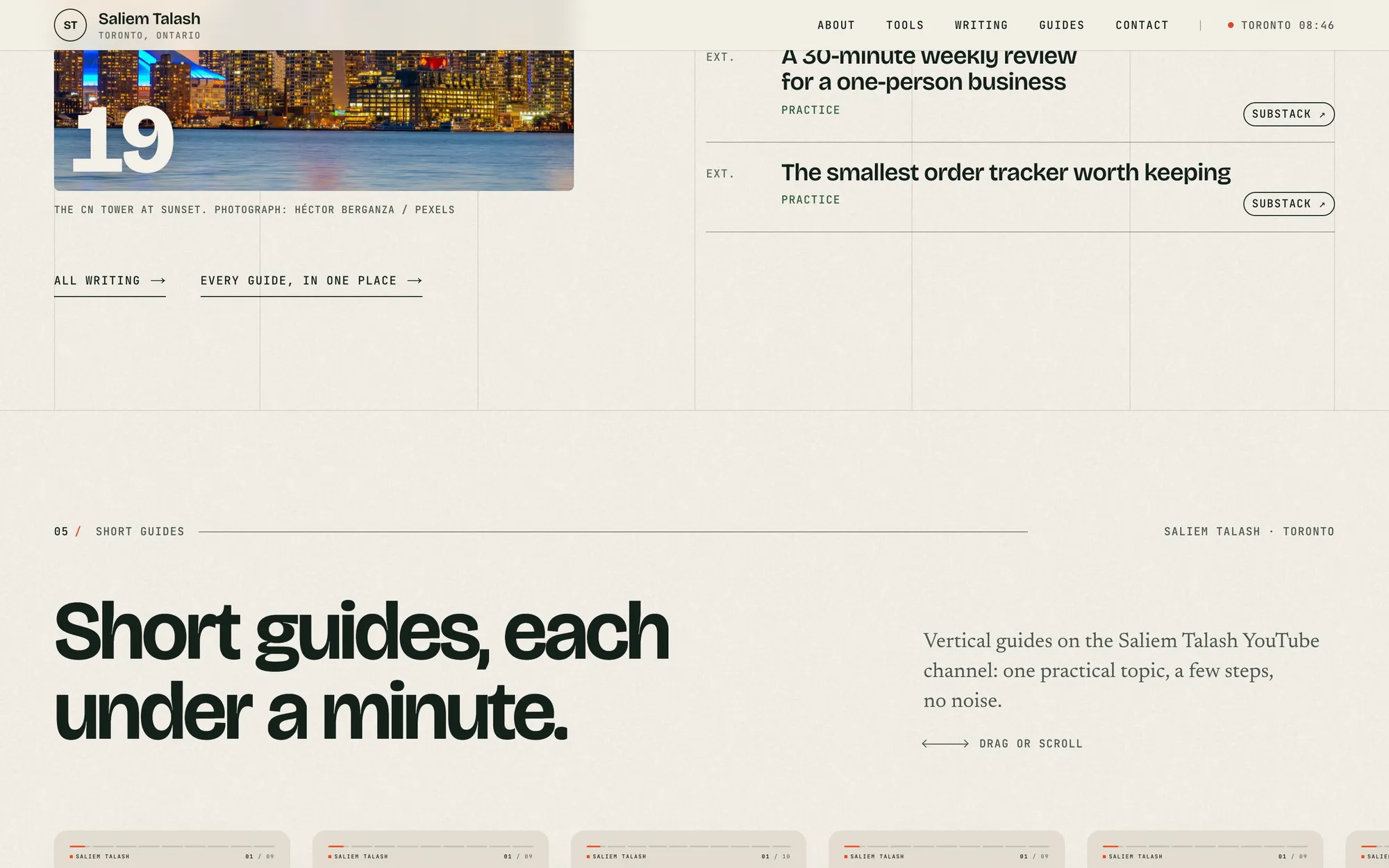 Desktop page section 08 of the Saliem Talash notes site (website) showing headline “Short guides, each under a minute.”, 32 images, 6 videos.