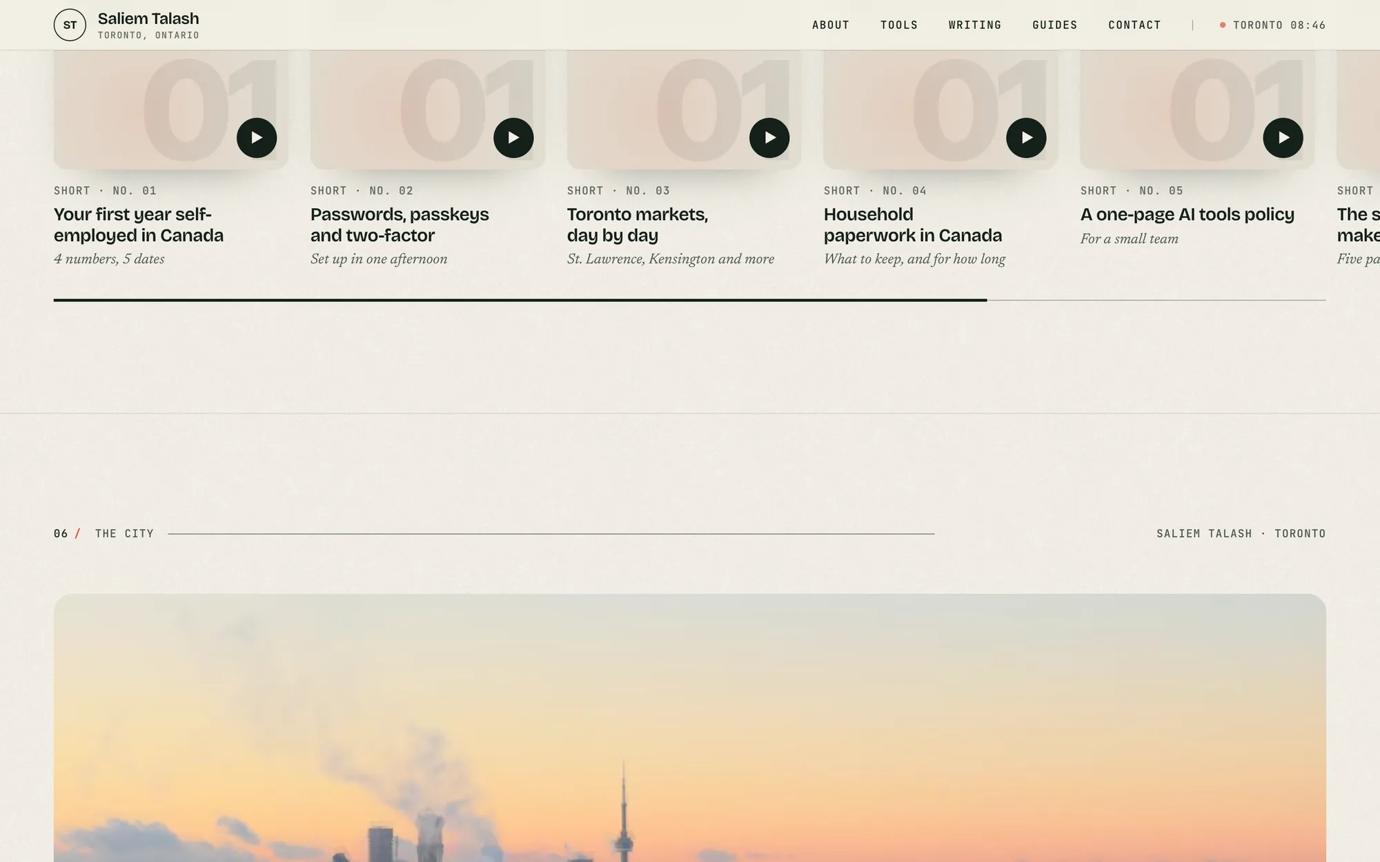 Desktop page section 09 of the Saliem Talash notes site (website) showing headlines “Your first year self-employed in Canada” and “Passwords, passkeys and two-factor”, 7 images, 7 videos.