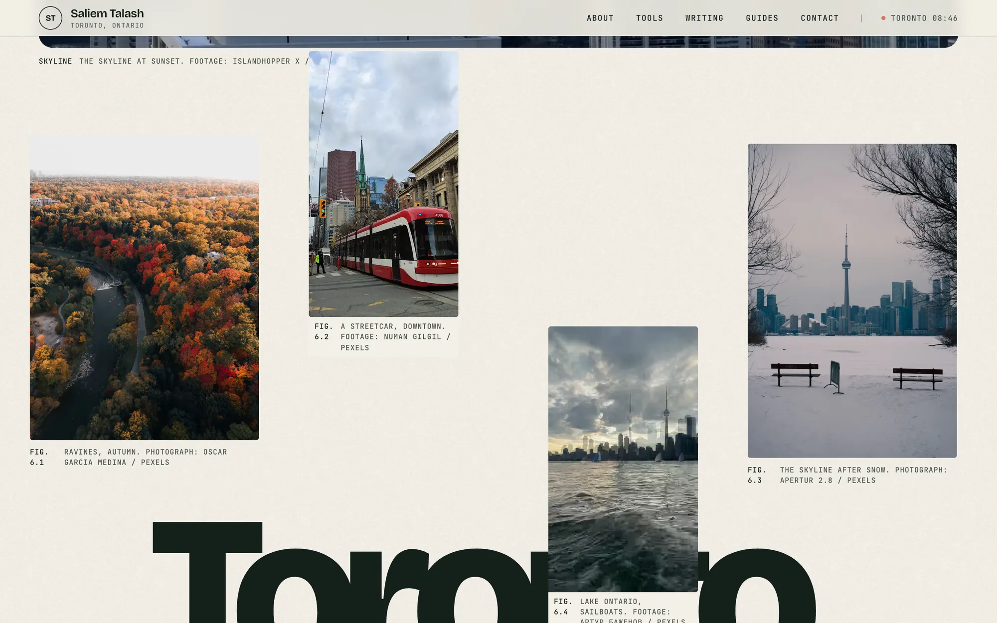 Desktop page section 10 of the Saliem Talash notes site (website) showing headline “Toronto , the city”, 5 images, 3 videos.