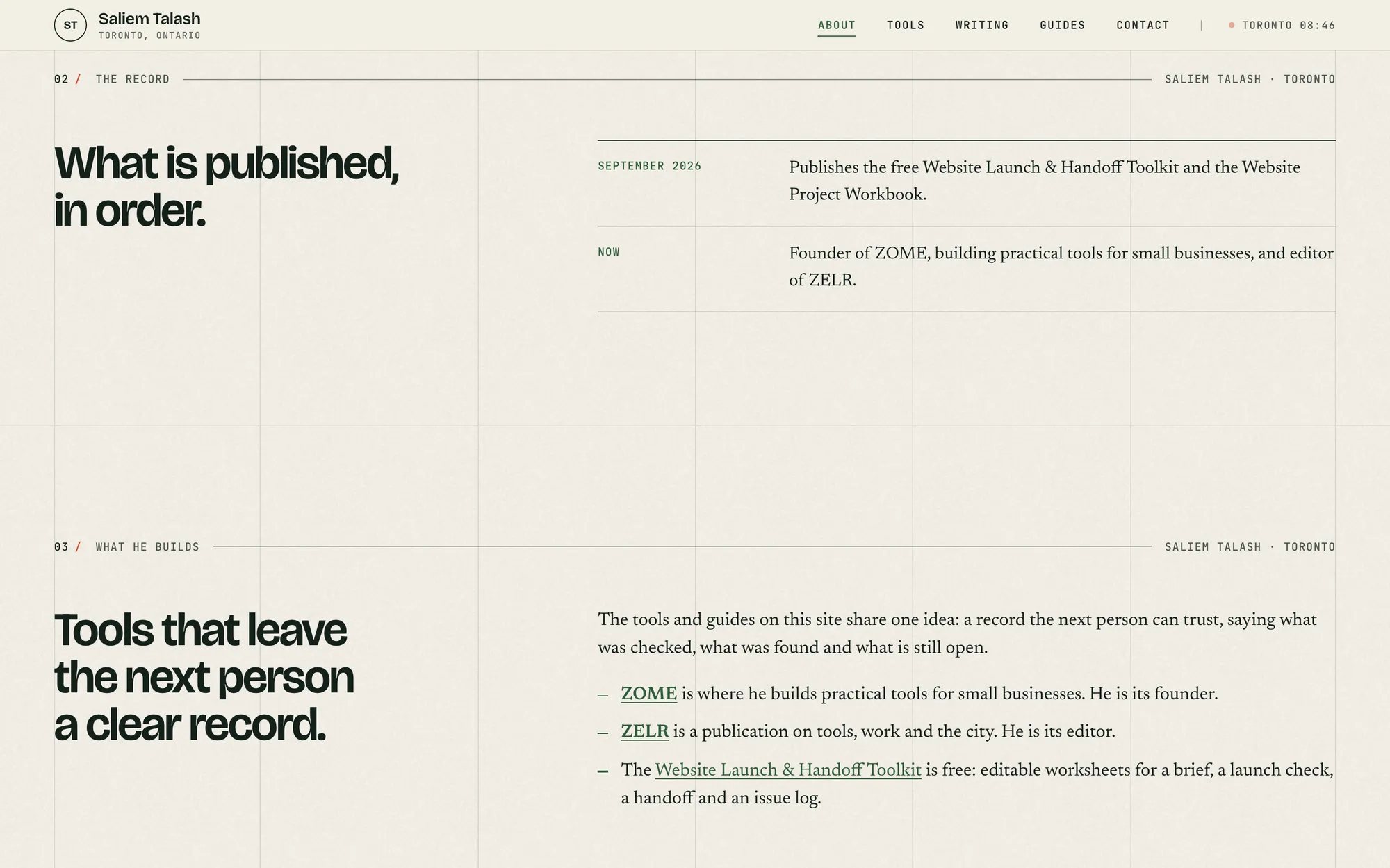 Desktop page section 12 of the Saliem Talash notes site (website) showing headlines “What is published, in order.” and “Tools that leave the next person a clear record.”.