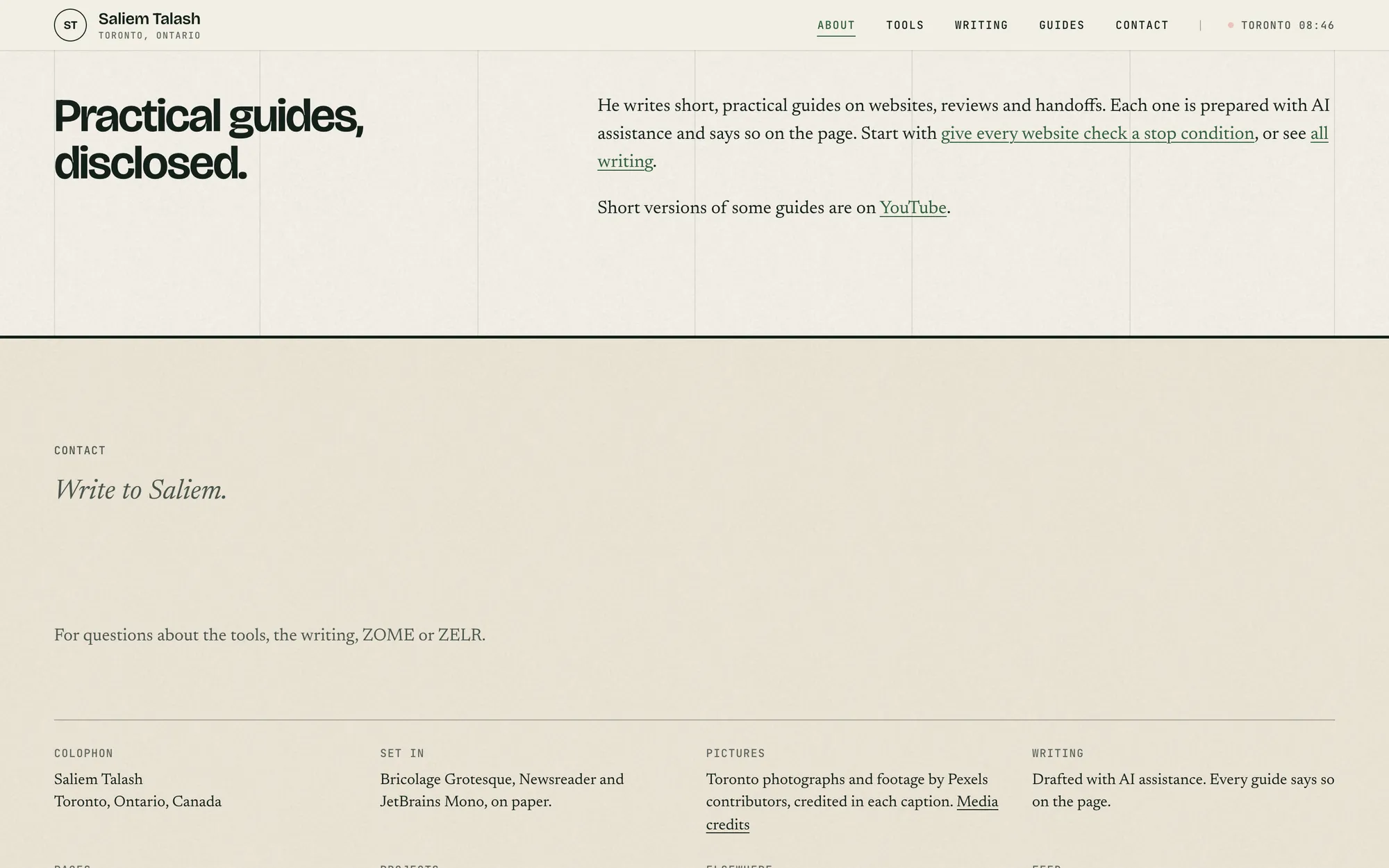 Desktop page section 13 of the Saliem Talash notes site (website) showing headlines “Practical guides, disclosed.” and “Write to Saliem.”.