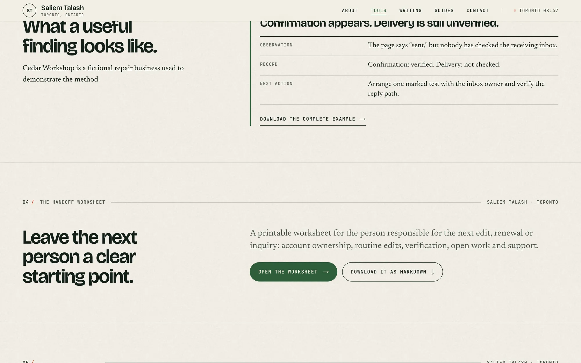 Desktop page section 14 of the Saliem Talash notes site (website) showing headlines “What a useful finding looks like.” and “Leave the next person a clear starting point.”.