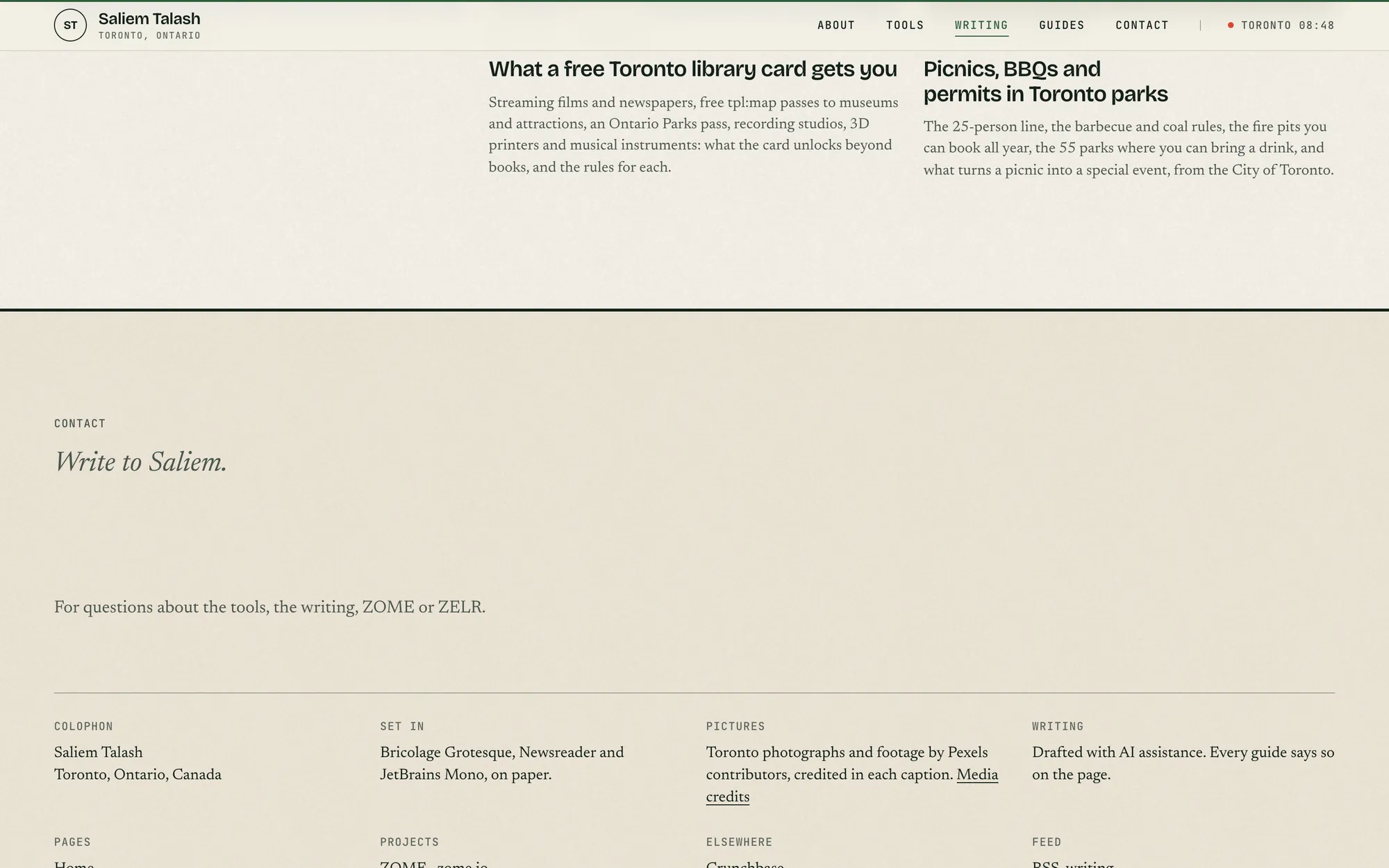 Desktop page section 22 of the Saliem Talash notes site (website) showing headlines “What a free Toronto library card gets you” and “Picnics, BBQs and permits in Toronto parks”, 3 images.