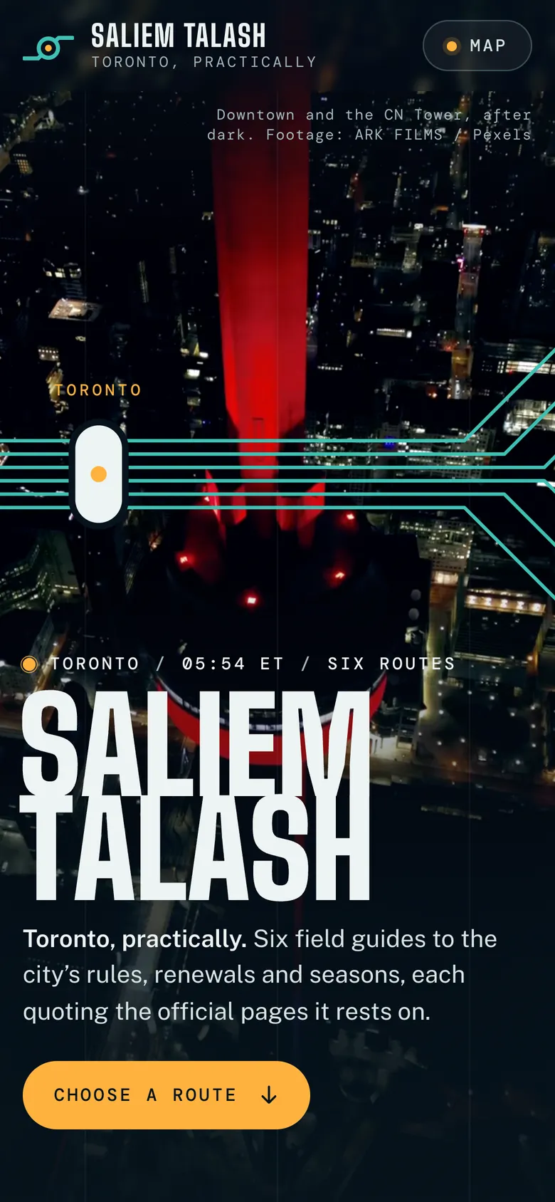 Phone-width page screen 01 of the Toronto, practically (website) showing headline “S A L I E M T A L A S H”, 1 image, 1 video.