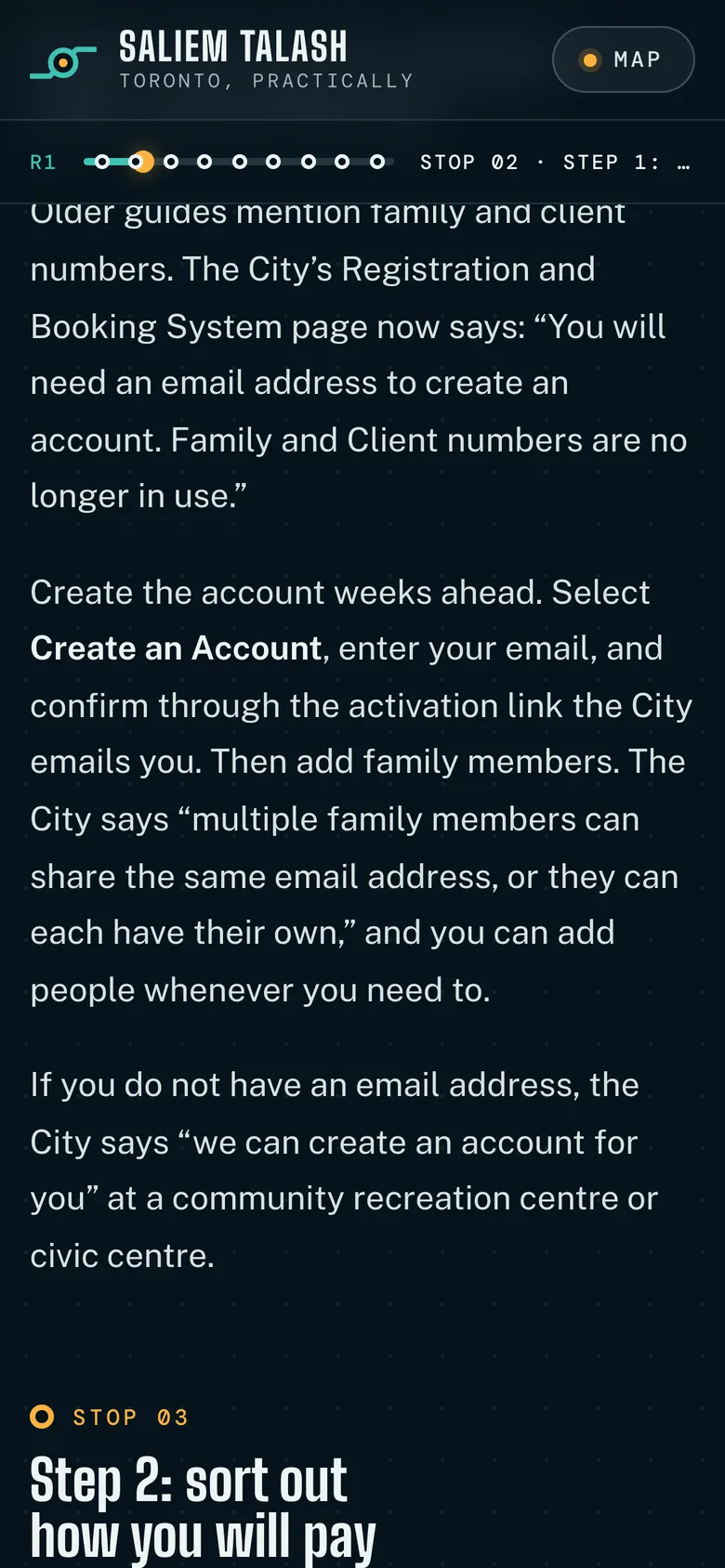 Phone-width page screen 03 of the Toronto, practically (website) showing headlines “STOP 02 Step 1: set up the account now, not on the day” and “STOP 03 Step 2: sort out how you will pay”.