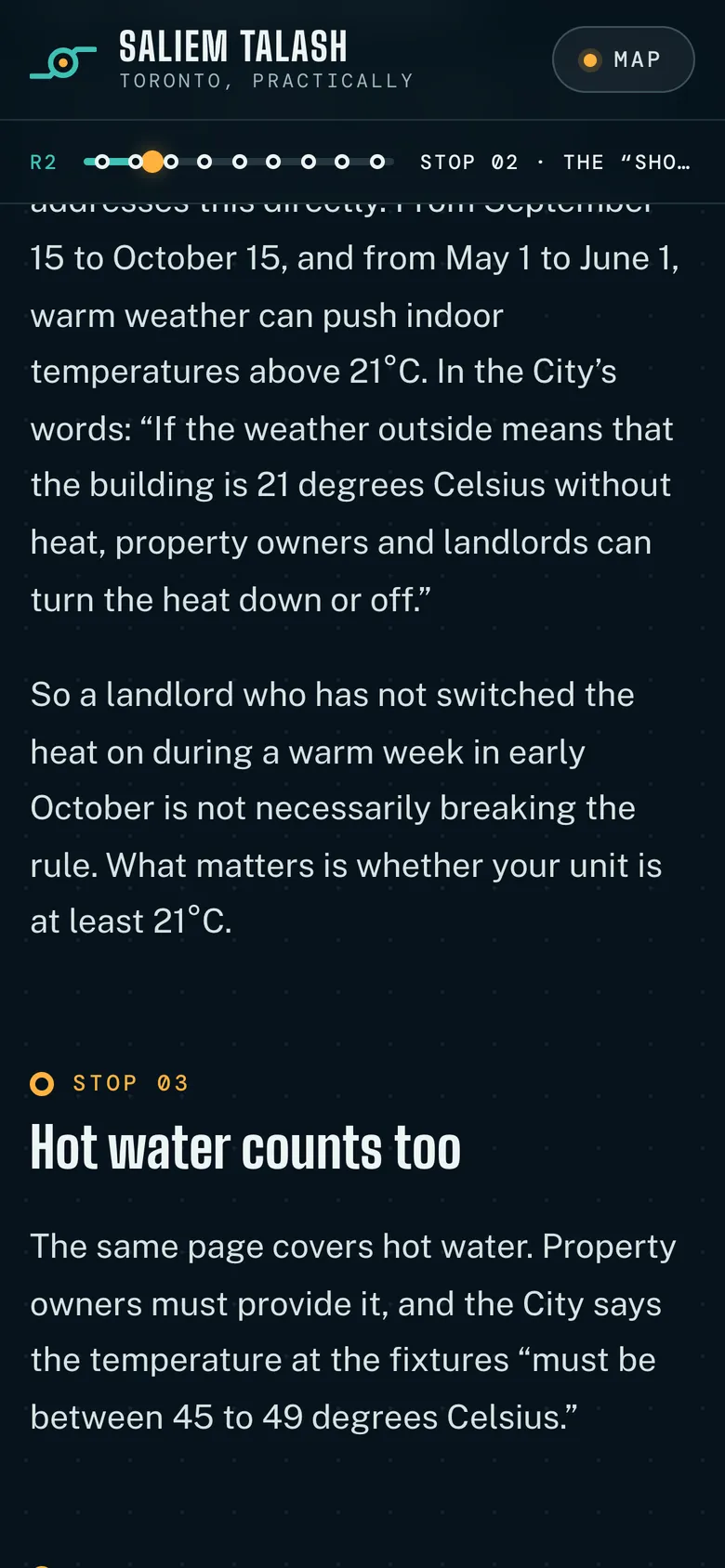 Phone-width page screen 04 of the Toronto, practically (website) showing headline “STOP 03 Hot water counts too”.