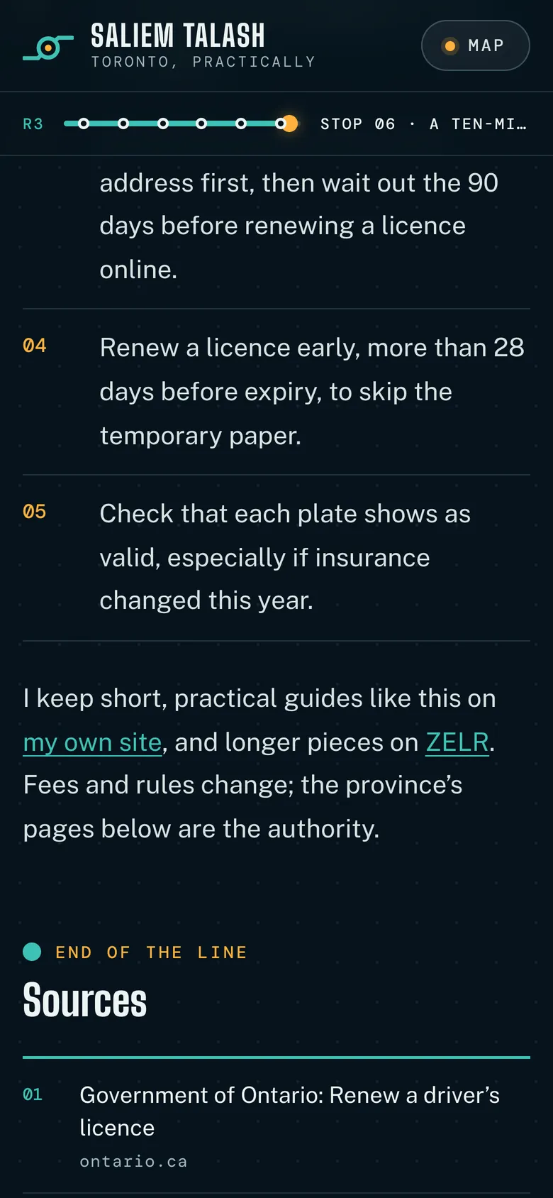 Phone-width page screen 05 of the Toronto, practically (website) showing headline “END OF THE LINE Sources”.