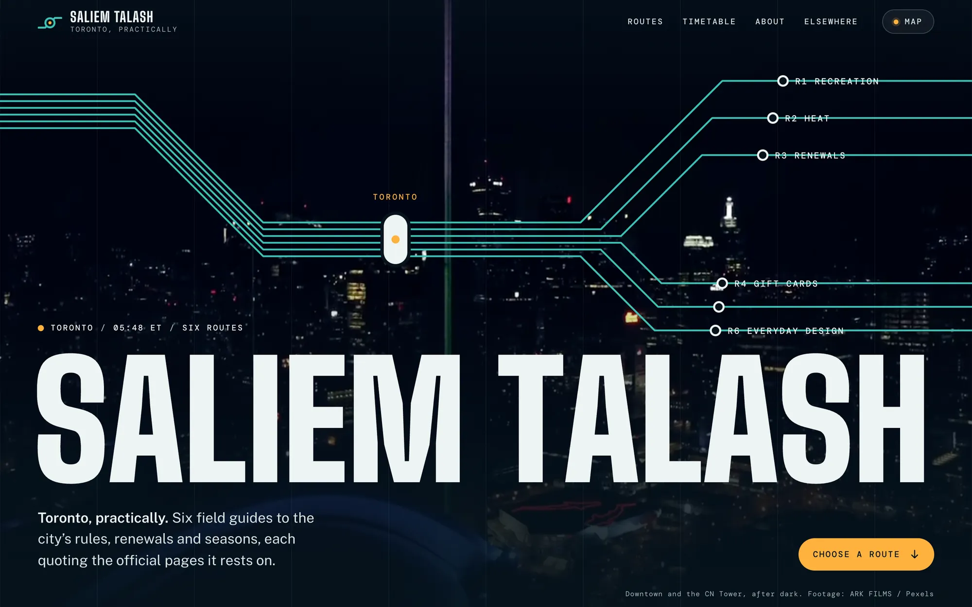 Desktop page section 01 of the Toronto, practically (website) showing headline “S A L I E M T A L A S H”, 1 image, 1 video.