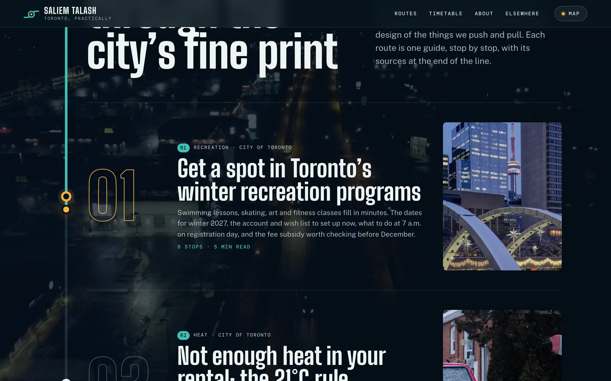 Desktop page section 02 of the Toronto, practically (website) showing 3 images, 1 video.