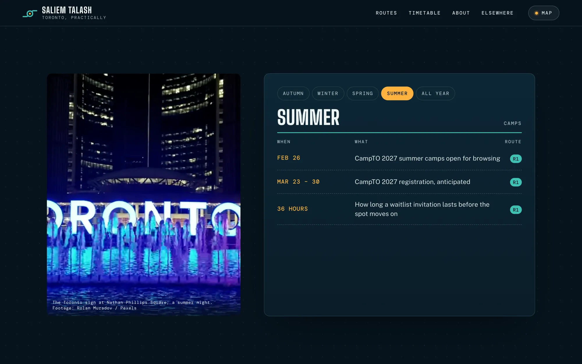 Desktop page section 04 of the Toronto, practically (website) showing headlines “WINTER DEC – FEB” and “SUMMER CAMPS”, 5 images, 1 video.