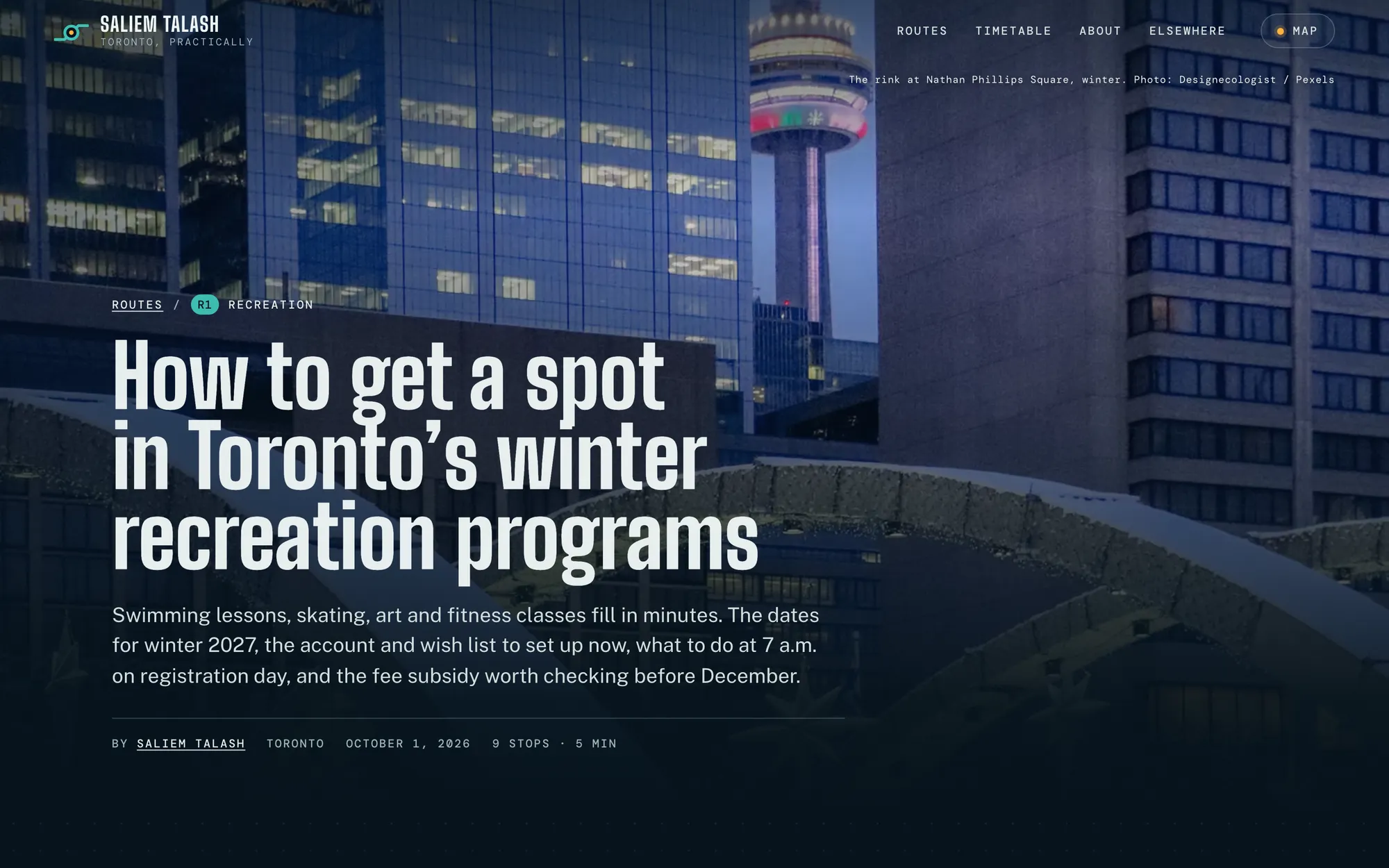 Desktop page section 06 of the Toronto, practically (website) showing headline “How to get a spot in Toronto’s winter recreation programs”, 1 image.