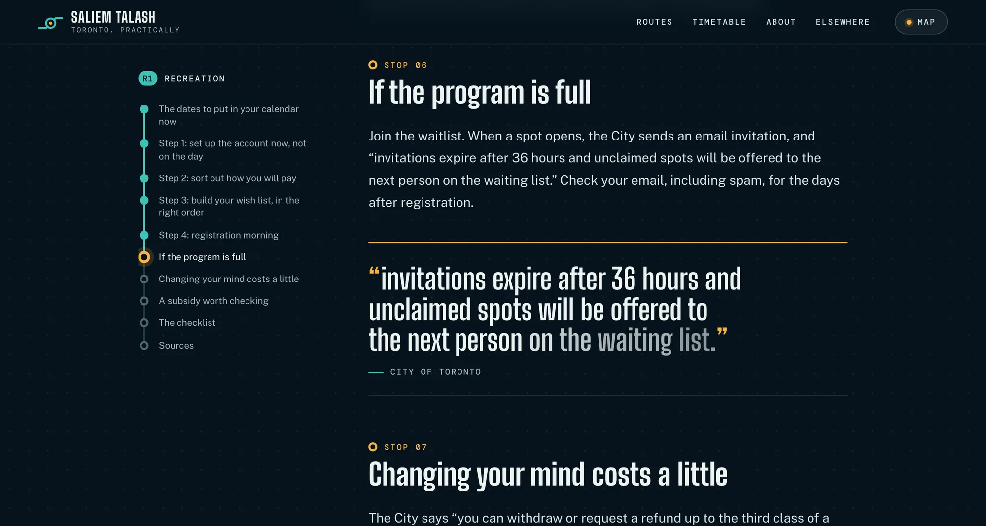 Desktop page section 07 of the Toronto, practically (website) showing headlines “STOP 06 If the program is full” and “STOP 07 Changing your mind costs a little”.