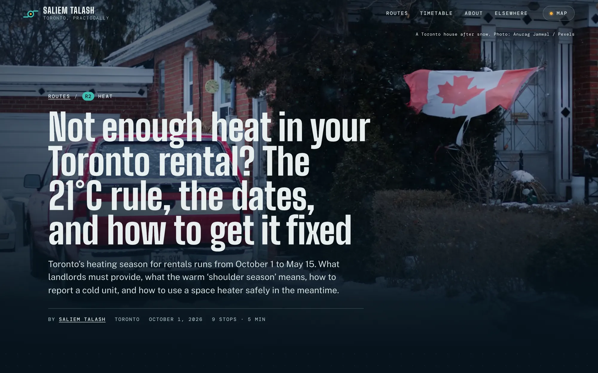 Desktop page section 08 of the Toronto, practically (website) showing headline “Not enough heat in your Toronto rental? The 21°C rule, the dates, and how to get it fixed”, 1 image.
