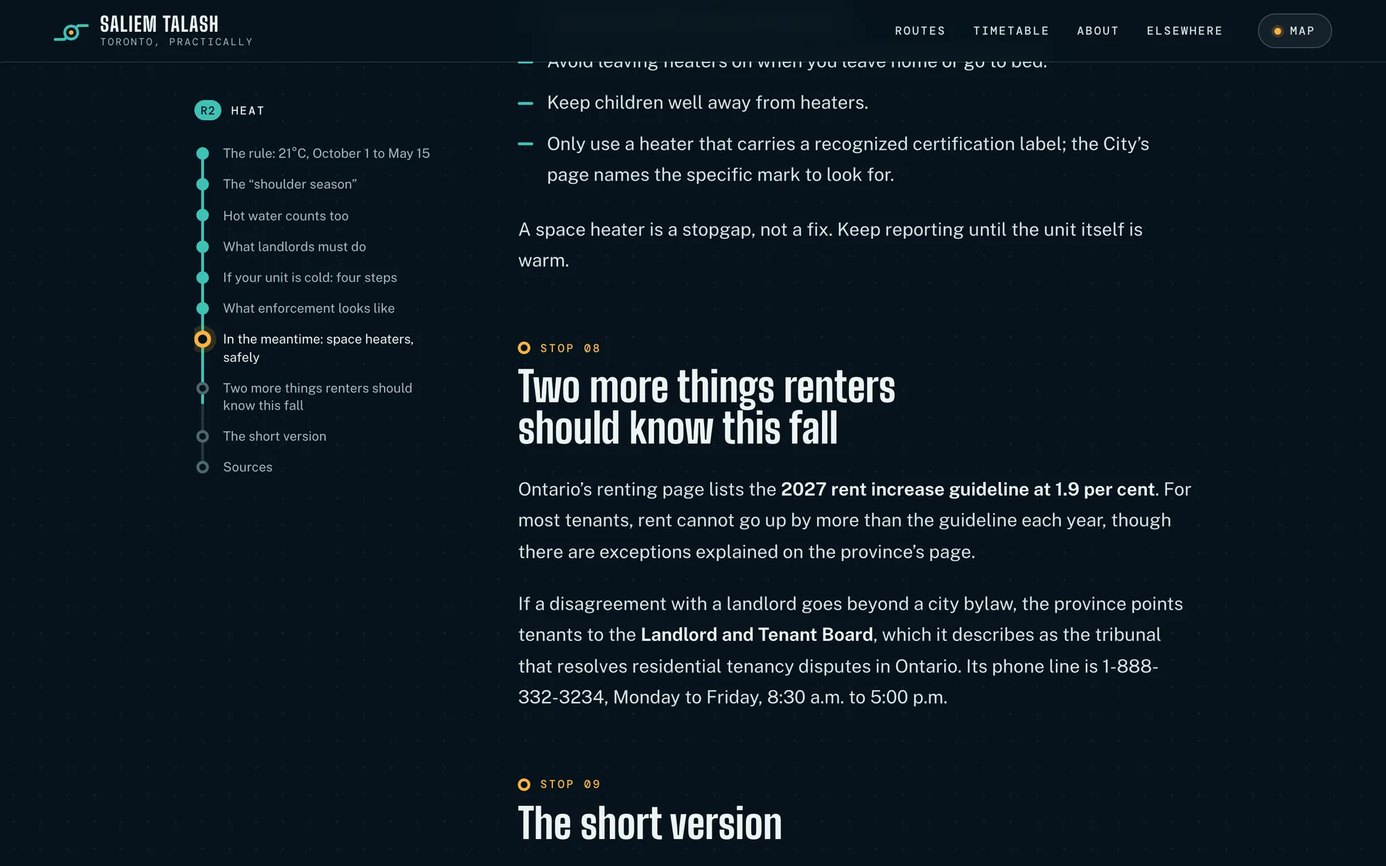 Desktop page section 09 of the Toronto, practically (website) showing headlines “STOP 08 Two more things renters should know this fall” and “STOP 09 The short version”.