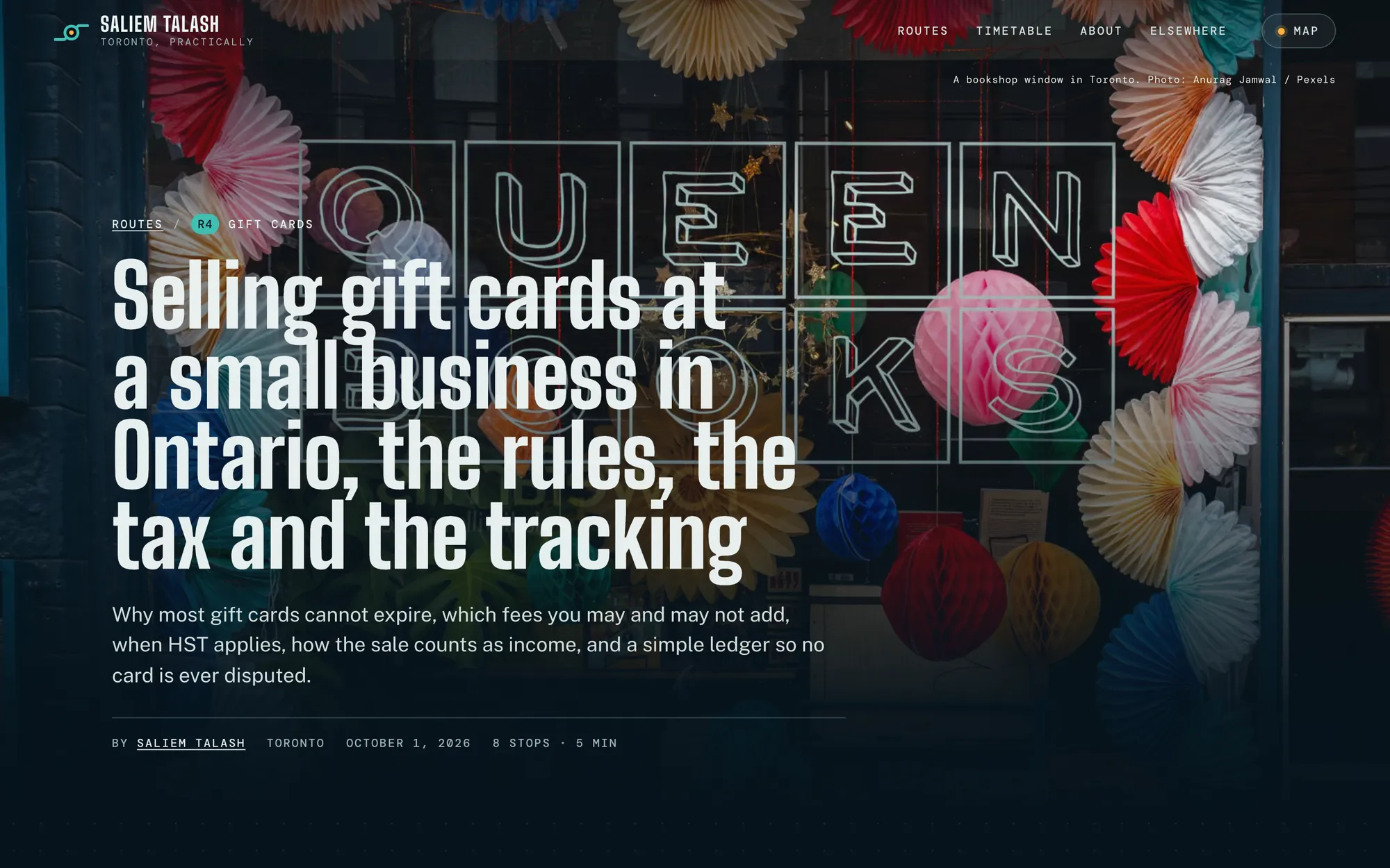 Desktop page section 11 of the Toronto, practically (website) showing headline “Selling gift cards at a small business in Ontario, the rules, the tax and the tracking”, 1 image.
