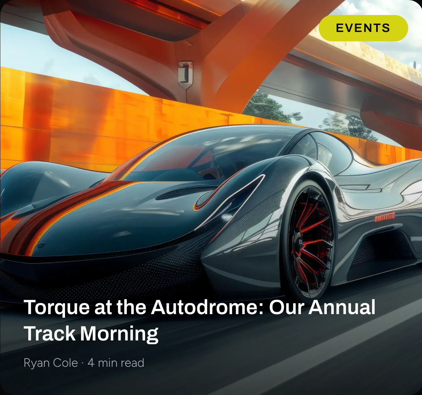 Close detail of the TORQUE template (car rental): card “EVENTS Torque at the Autodrome: Our Annual Track Morning Rya”.