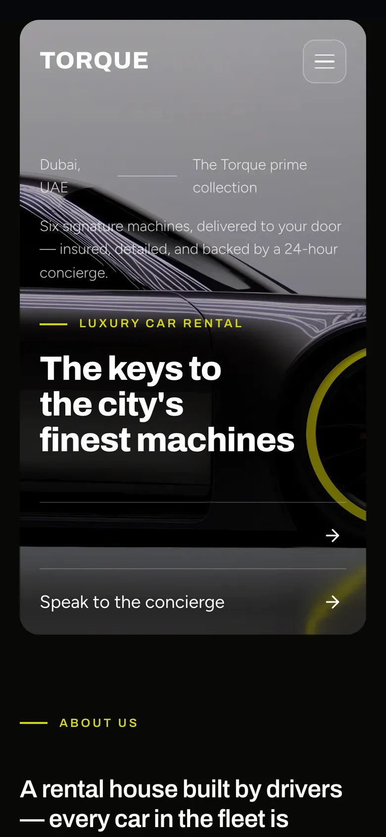 Phone-width page screen 01 of the TORQUE template (car rental) showing headline “The keys to the city's finest machines”, 1 image.