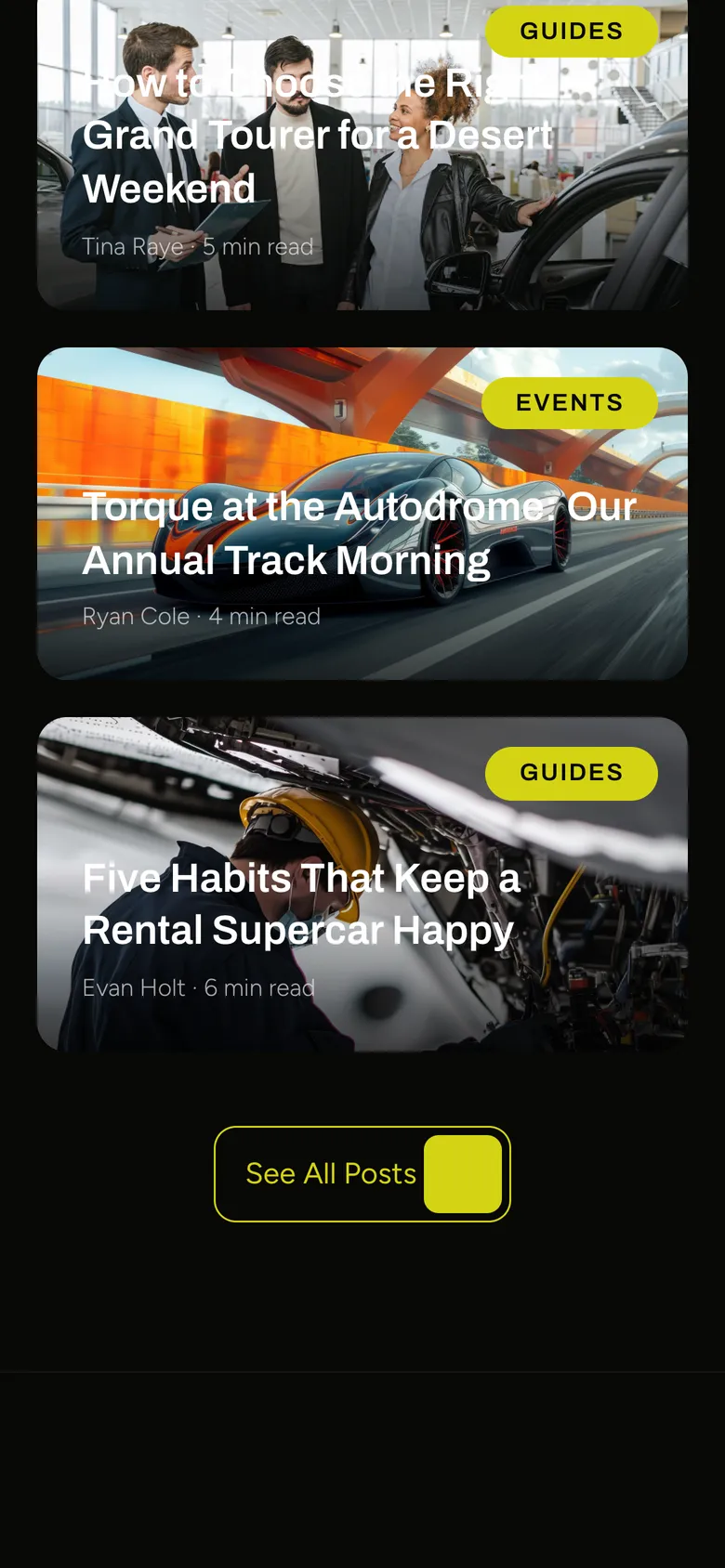 Phone-width page screen 03 of the TORQUE template (car rental) showing headlines “How to Choose the Right Grand Tourer for a Desert Weekend” and “Torque at the Autodrome: Our Annual Track Morning”, 3 images.